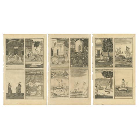 Historical Figures and Customs of 18th Century India on Three Antique Engravings