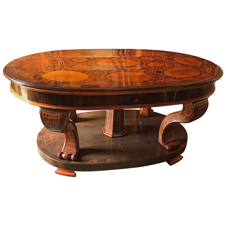 Historical Italian Oval Shaped Inlaid Center Table or Library Table For