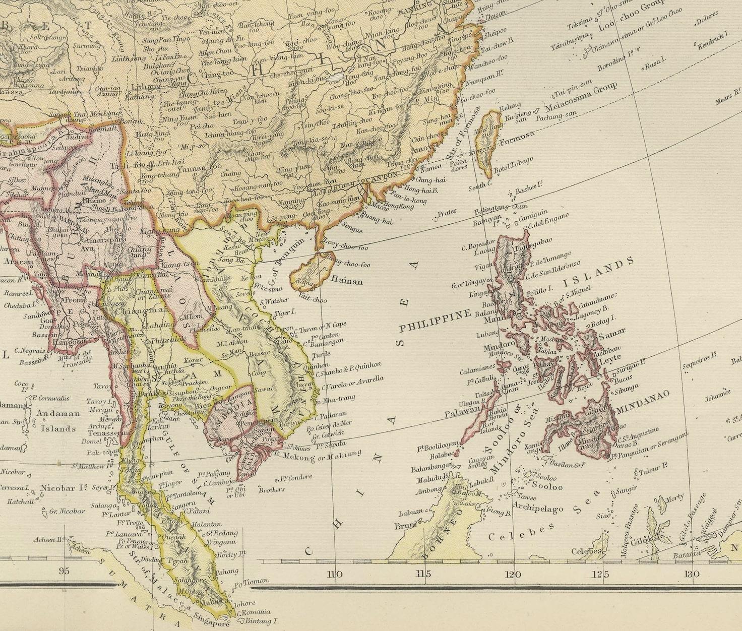 Diese Karte aus dem Jahr 1882 zeigt eine akribisch detaillierte Darstellung des asiatischen Kontinents und ist ein Zeugnis für die kartografischen Fähigkeiten der damaligen Zeit. Er wurde als Teil des 