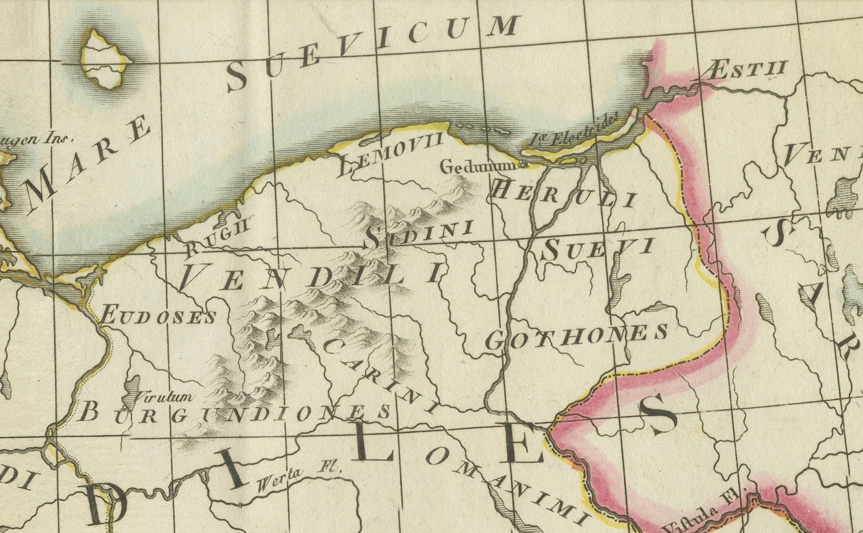 Engraved Historical Map of Ancient Germany (1787): Tribes and Territories by Mentele For Sale