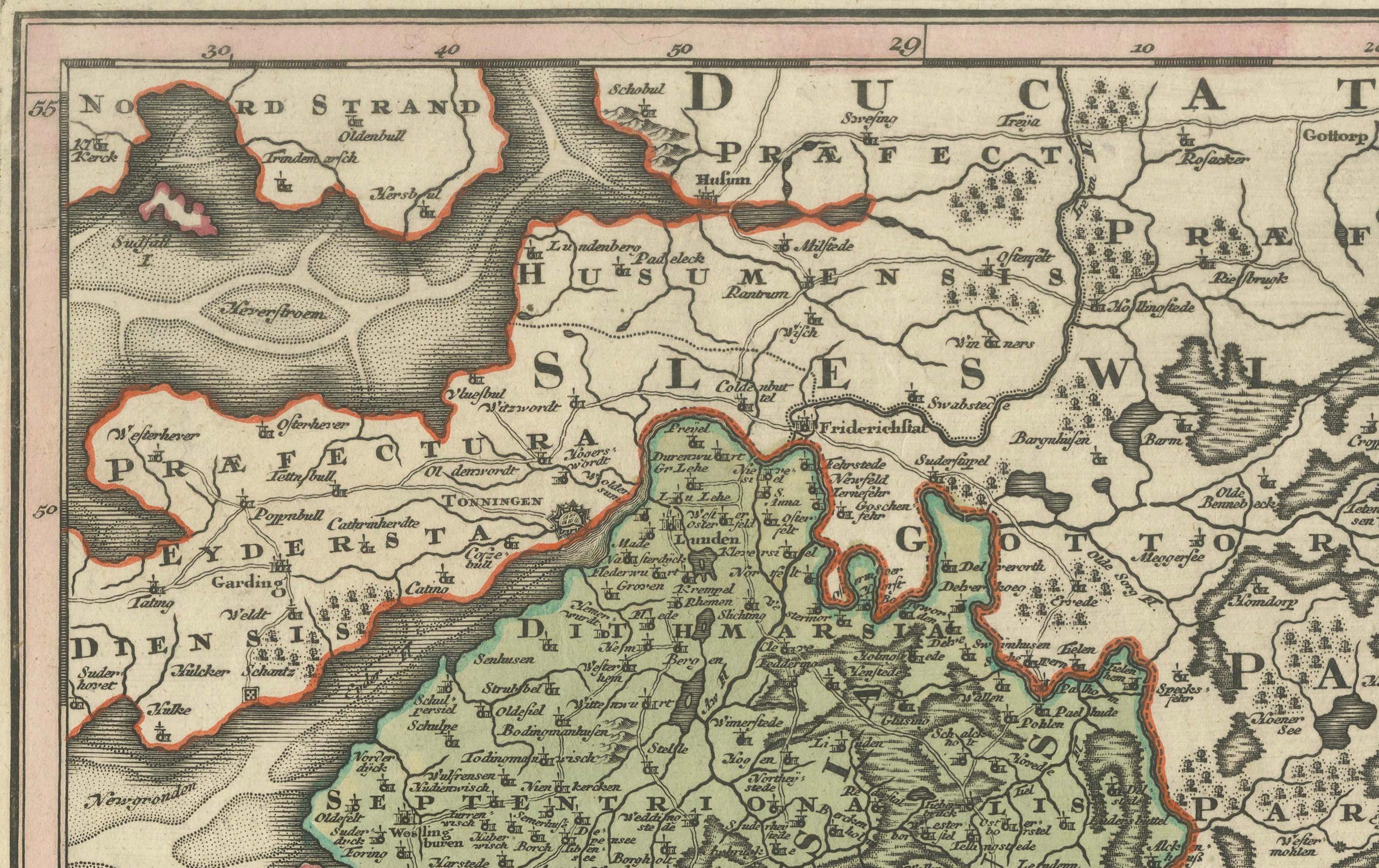 Mid-18th Century Historical Map of Holstein - Copperplate Engraving by Matthias Seutter, ca. 1730 For Sale