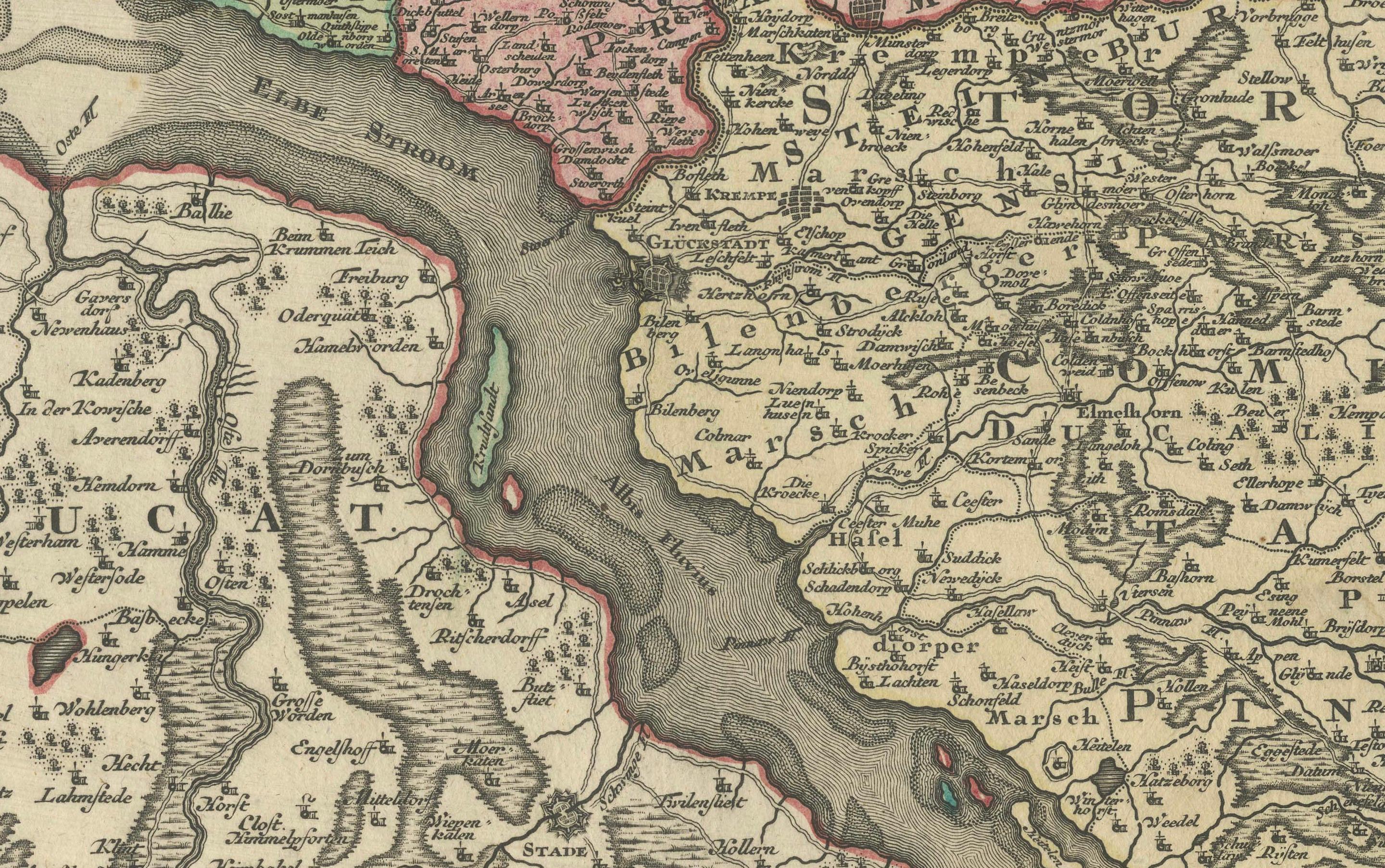 Paper Historical Map of Holstein - Copperplate Engraving by Matthias Seutter, ca. 1730 For Sale