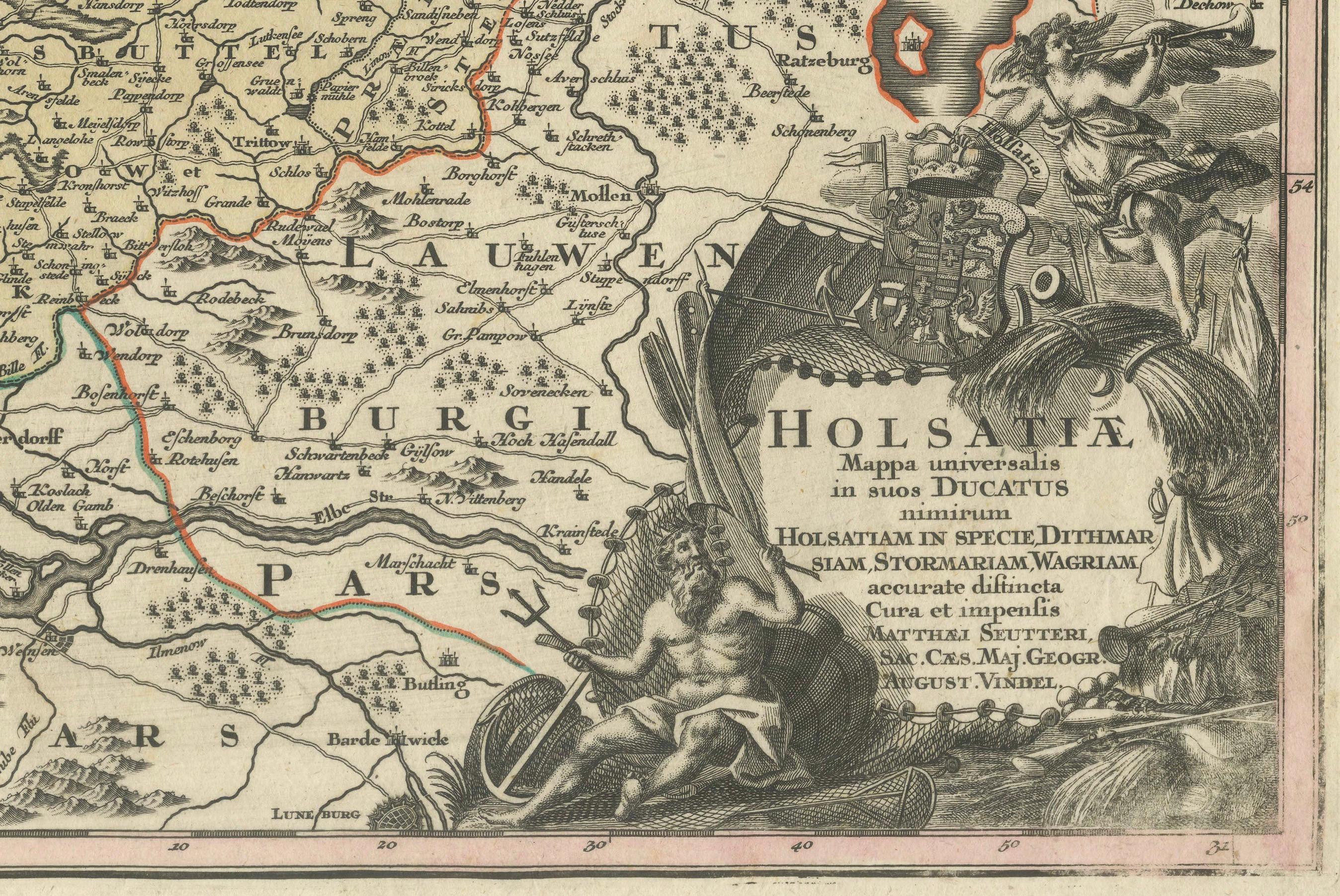 Historical Map of Holstein - Copperplate Engraving by Matthias Seutter, ca. 1730 For Sale 3