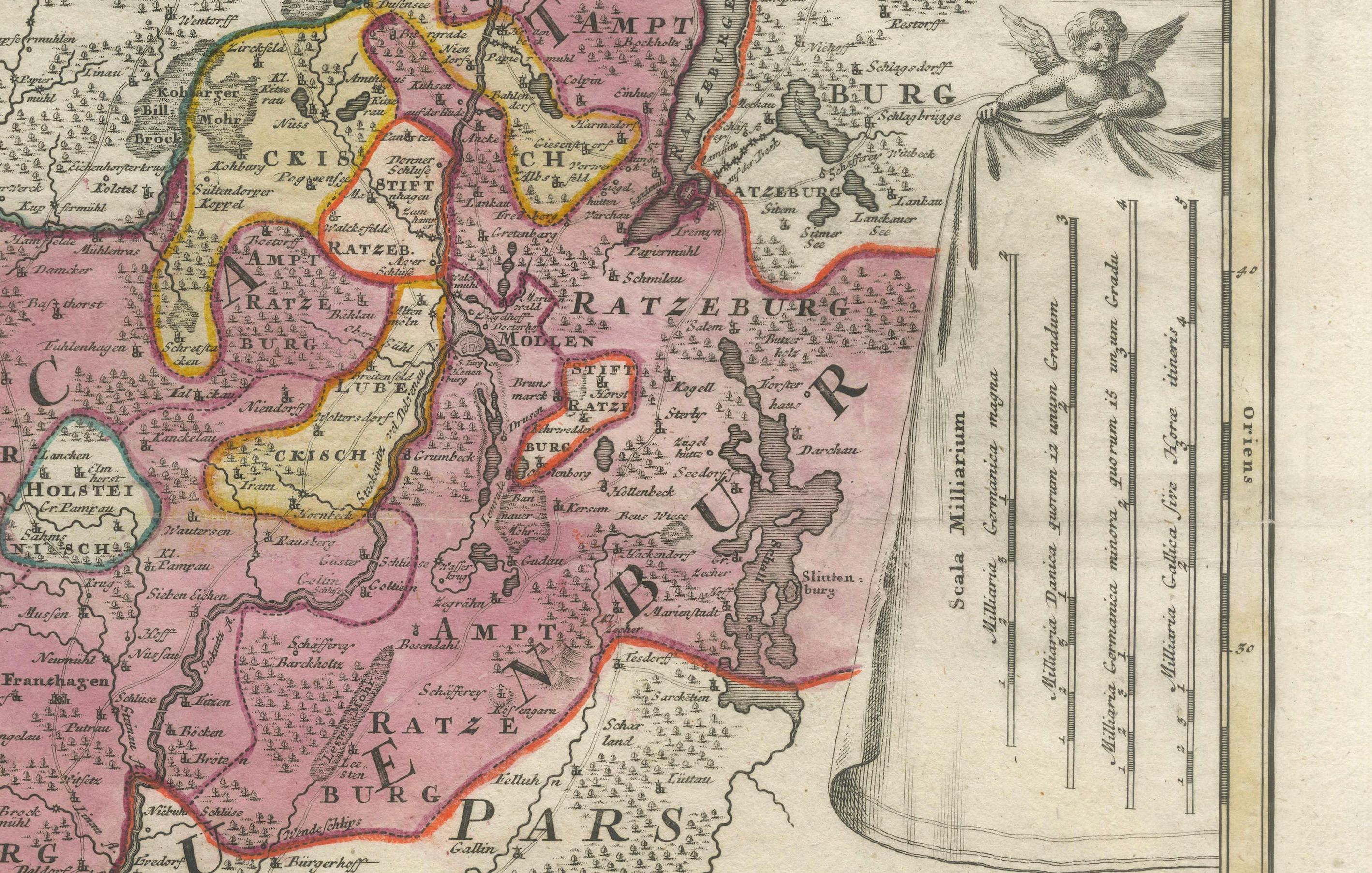 Historical Map of the Duchy of Lauenburg by Johann Baptist Homann - Circa 1720  

This splendid historical map titled Ducatus Lauemburgicus is a highly detailed and beautifully engraved copperplate map produced by Johann Baptist Homann around 1720.