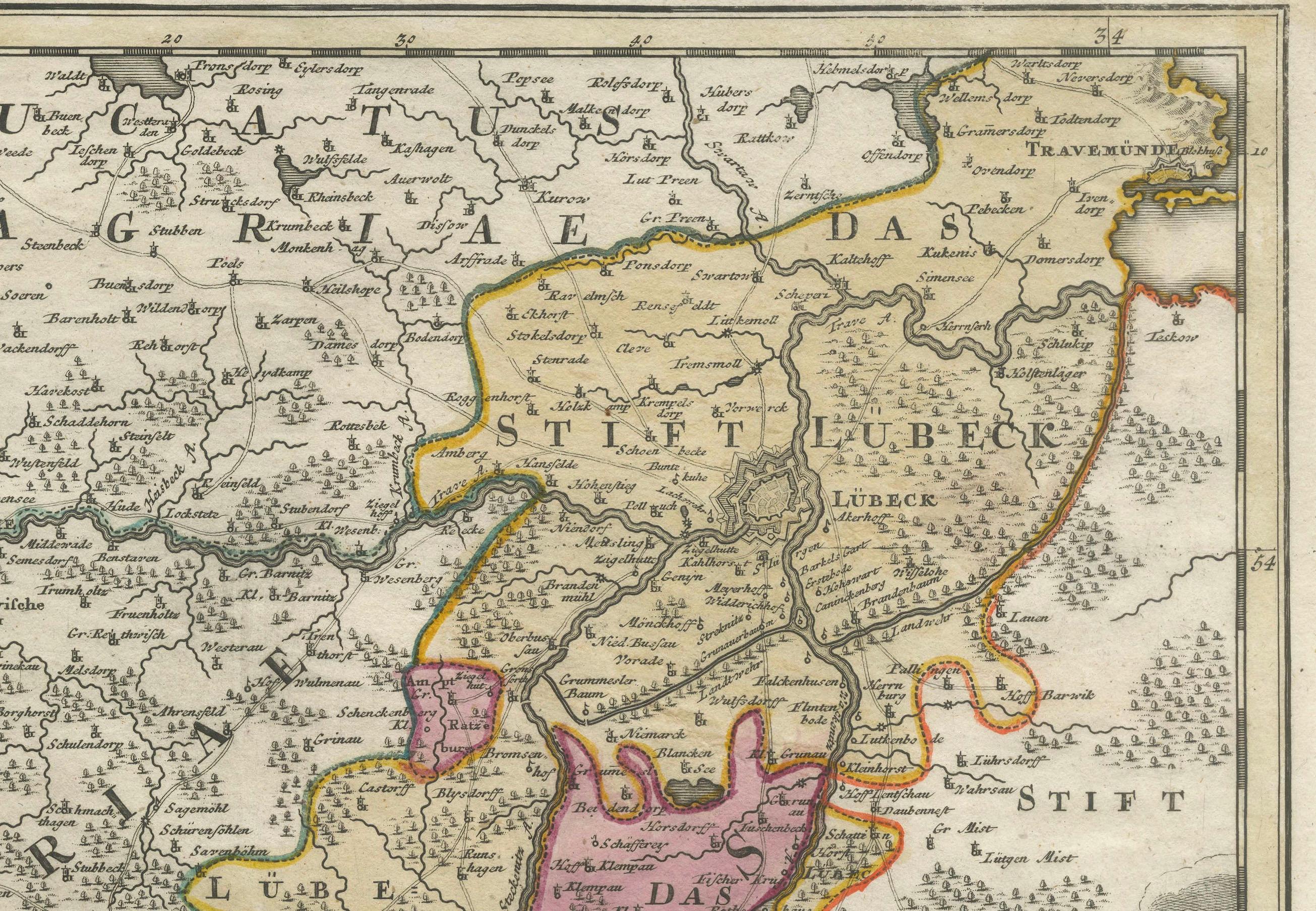 Engraved Historical Map of the Duchy of Lauenburg by Johann Baptist Homann - Circa 1720 For Sale
