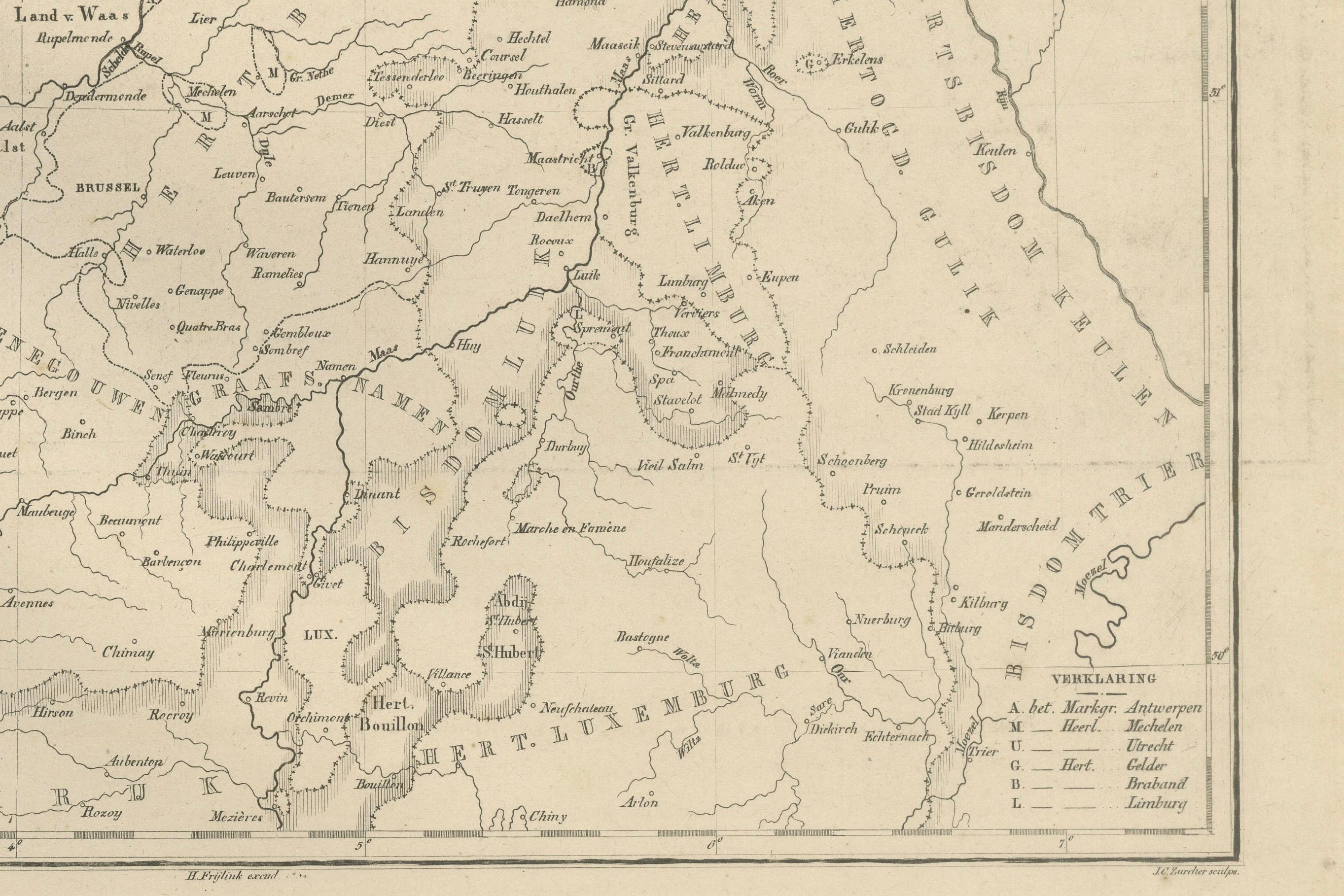 Carte historique des Pays-Bas aux XVIe et XVIIe siècles, Leyde 1876 Bon état - En vente à Langweer, NL