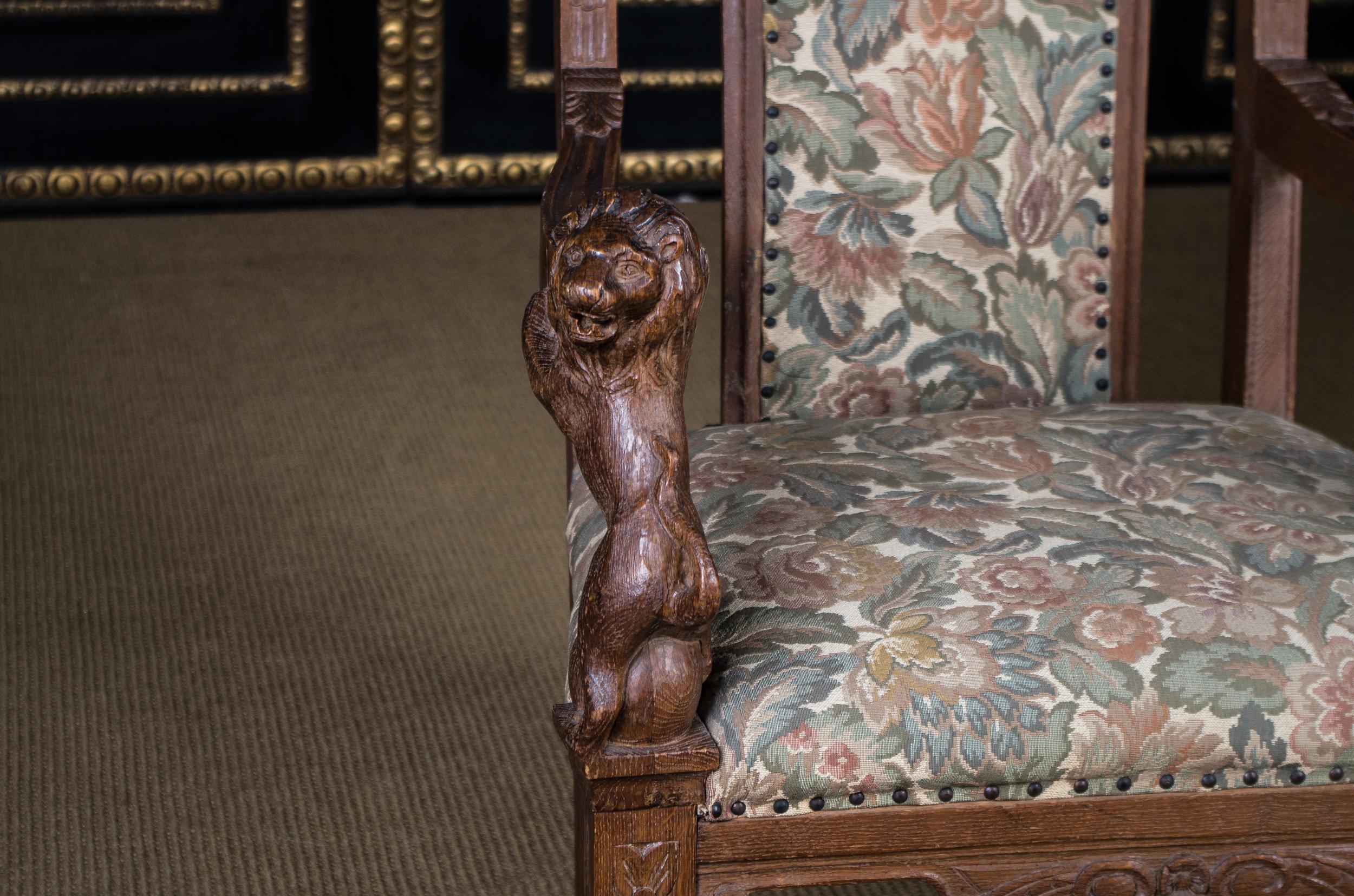 Oak Historical Neo Renaissance Armchair with Lion Armrests, circa 1850-1870