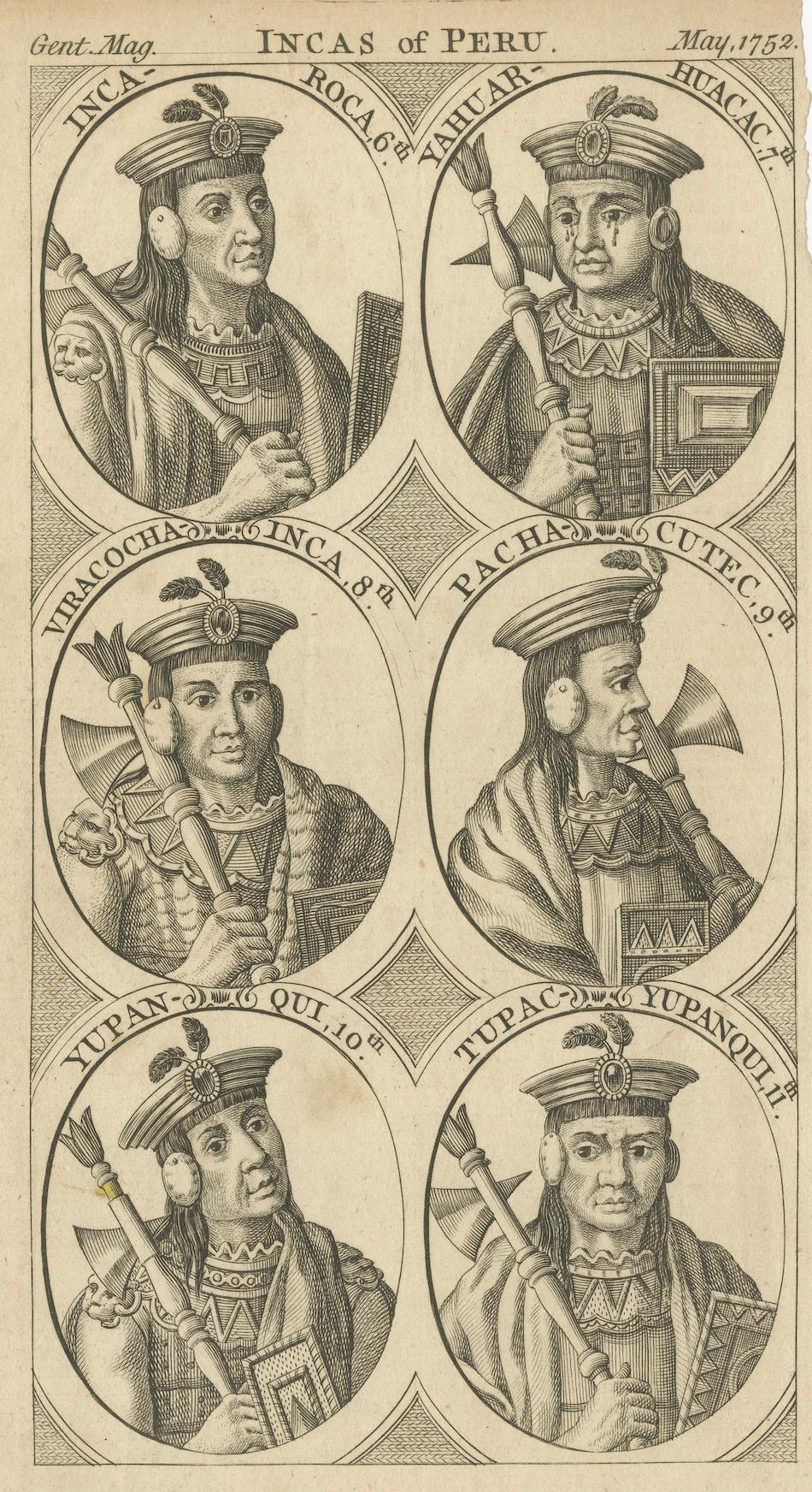 Grabado en cobre de 1752, que muestra retratos de seis gobernantes incas de distintos periodos. Cada gobernante está representado dentro de un marco circular, que simboliza su importancia histórica y cultural. Las reglas que se muestran son:

1.