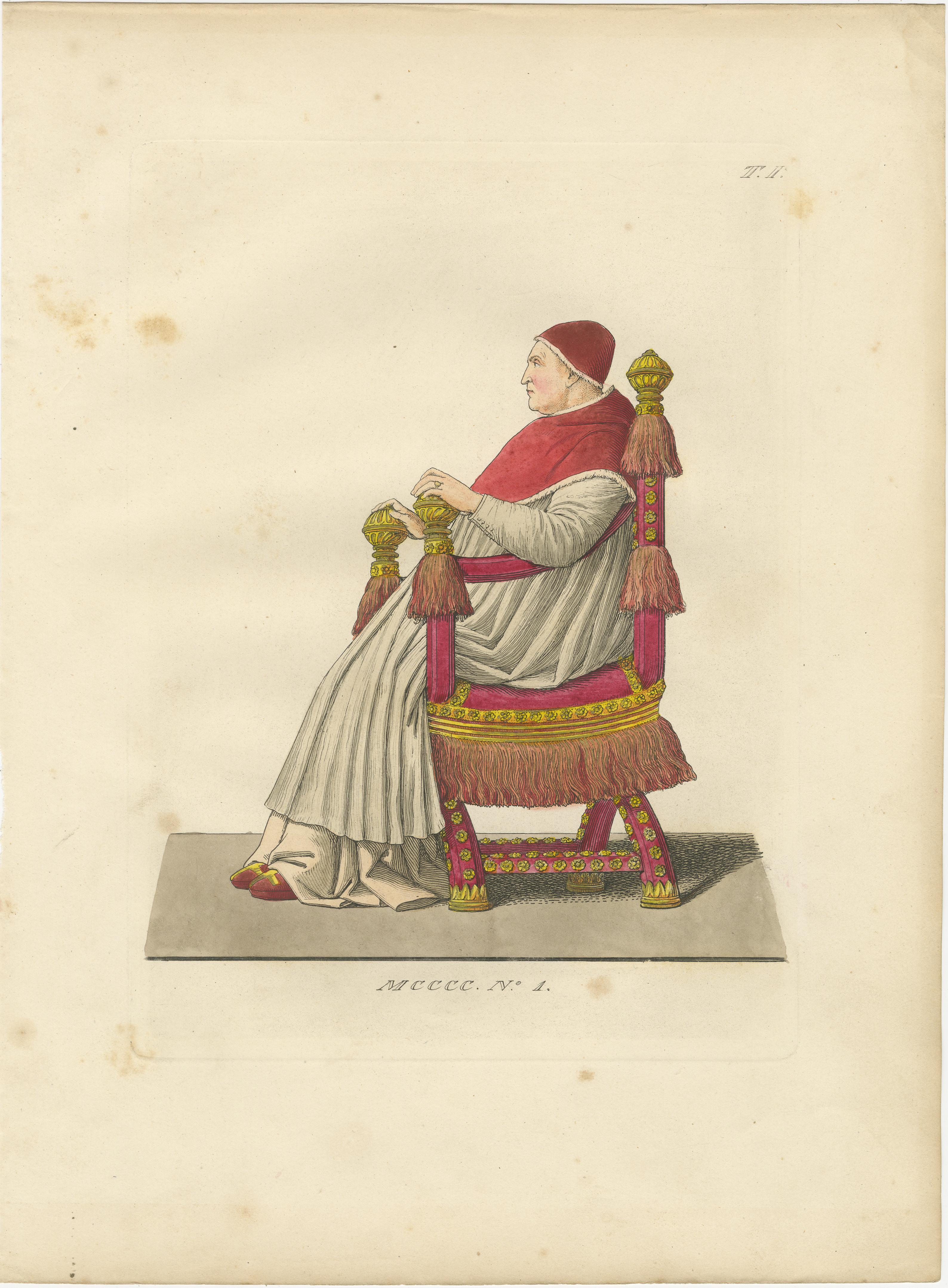 Title:
Historical Portraits of Sixtus IV, Platina, and a Noble Englishwoman

Description:
This refined compilation of three hand-colored engravings presents significant historical figures and fashion from the late Middle Ages, based on authentic