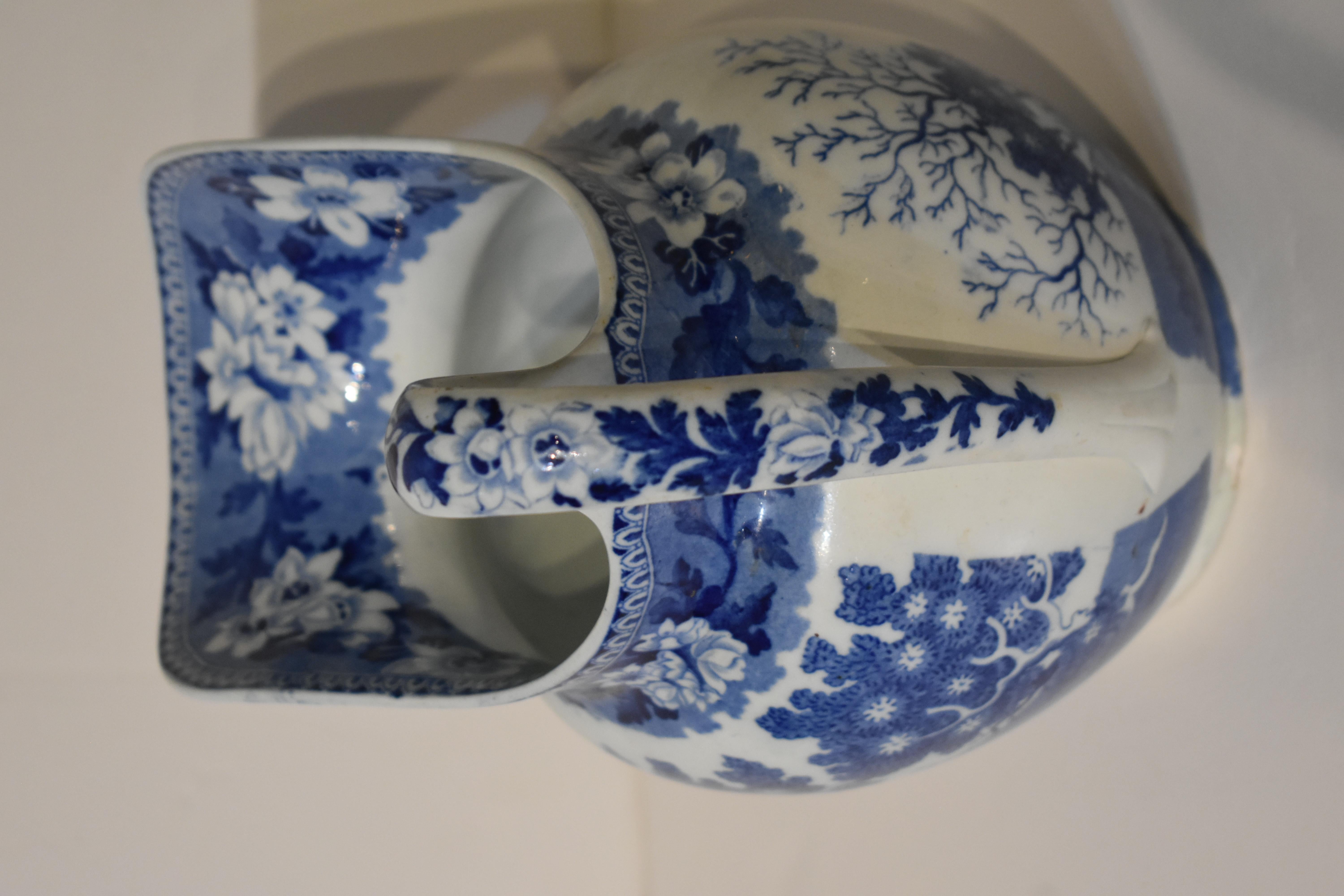 Chinoiserie Historical Staffordshire Blue and White Pottery Pitcher circa 1845