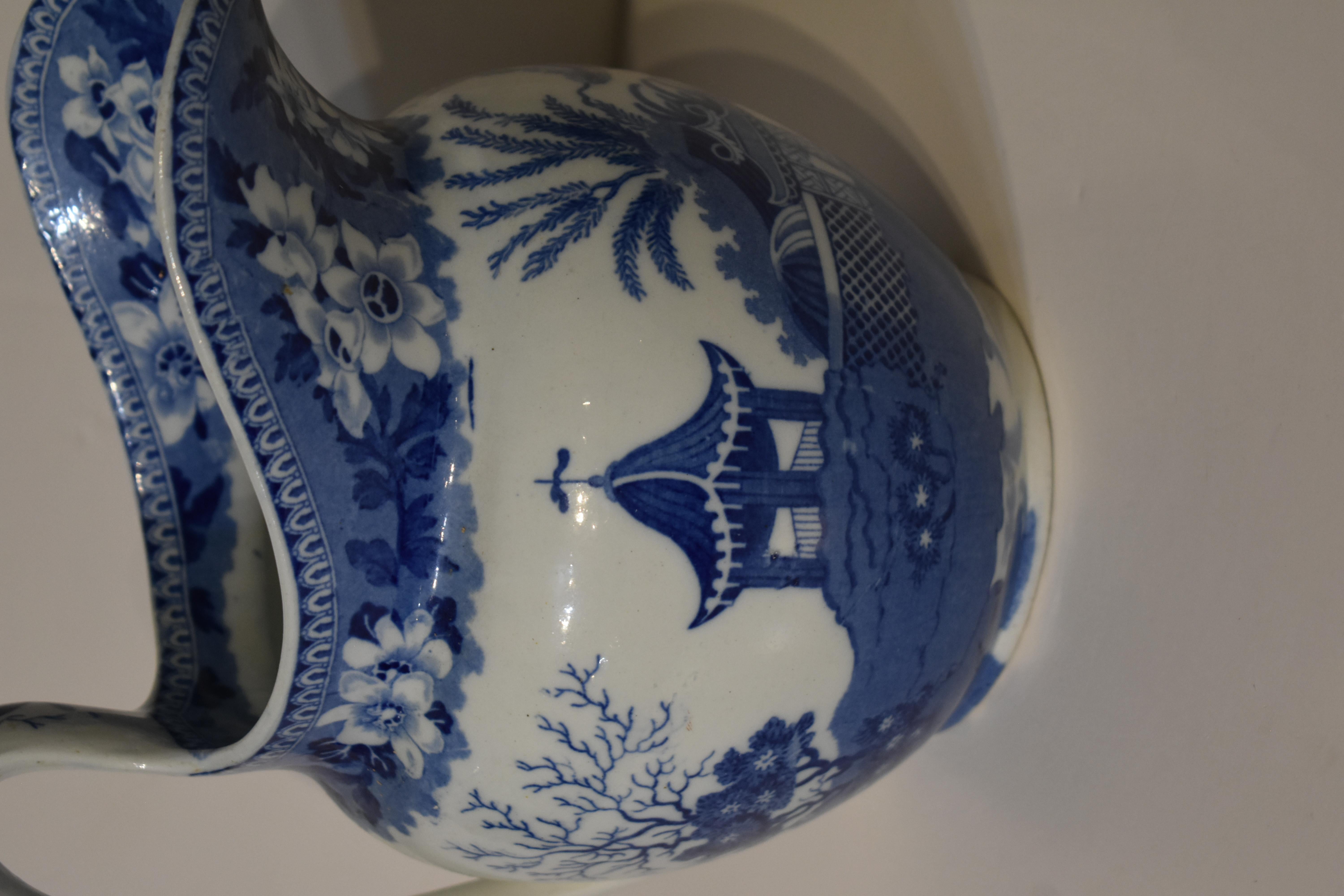 European Historical Staffordshire Blue and White Pottery Pitcher circa 1845