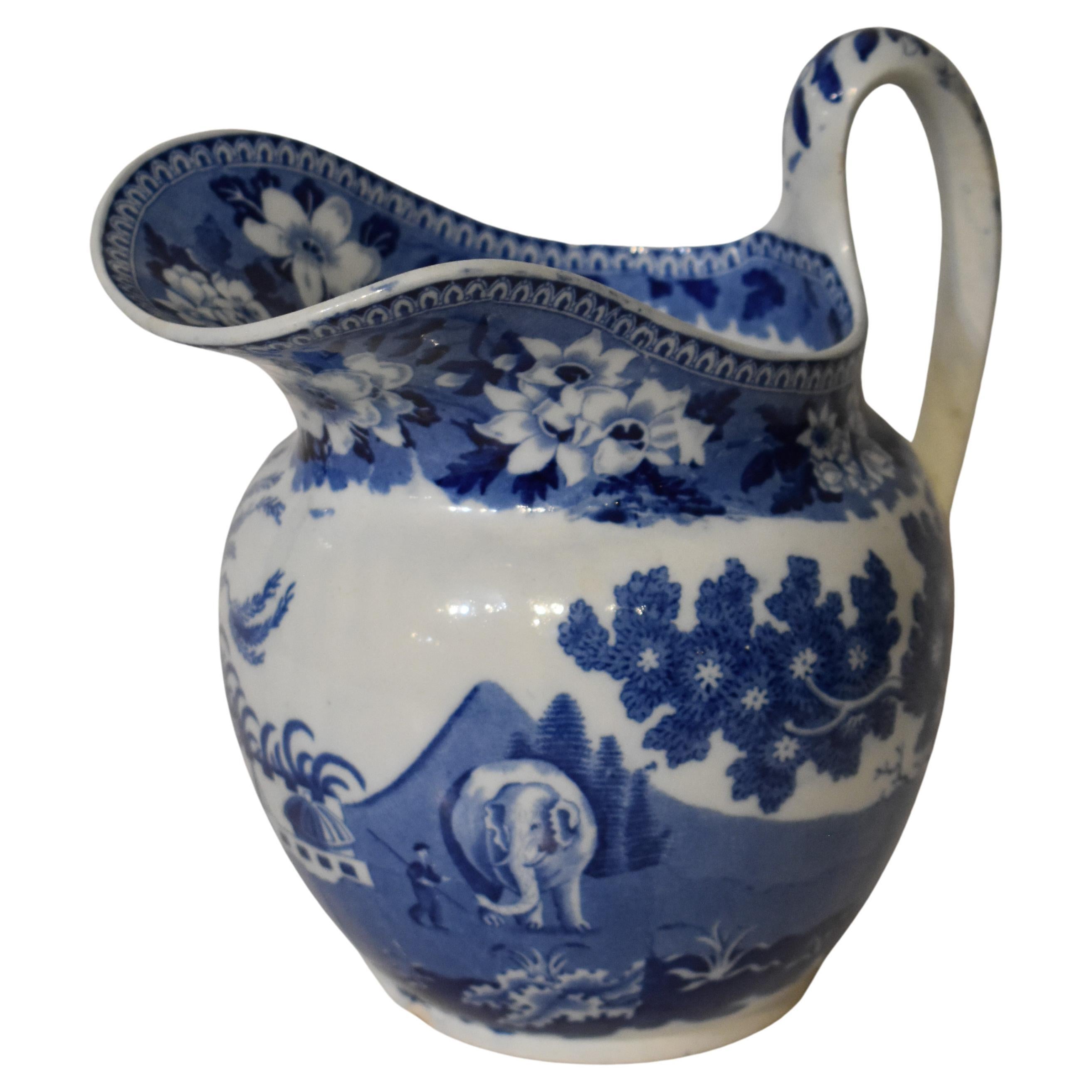 Historical Staffordshire Blue and White Pottery Pitcher circa 1845