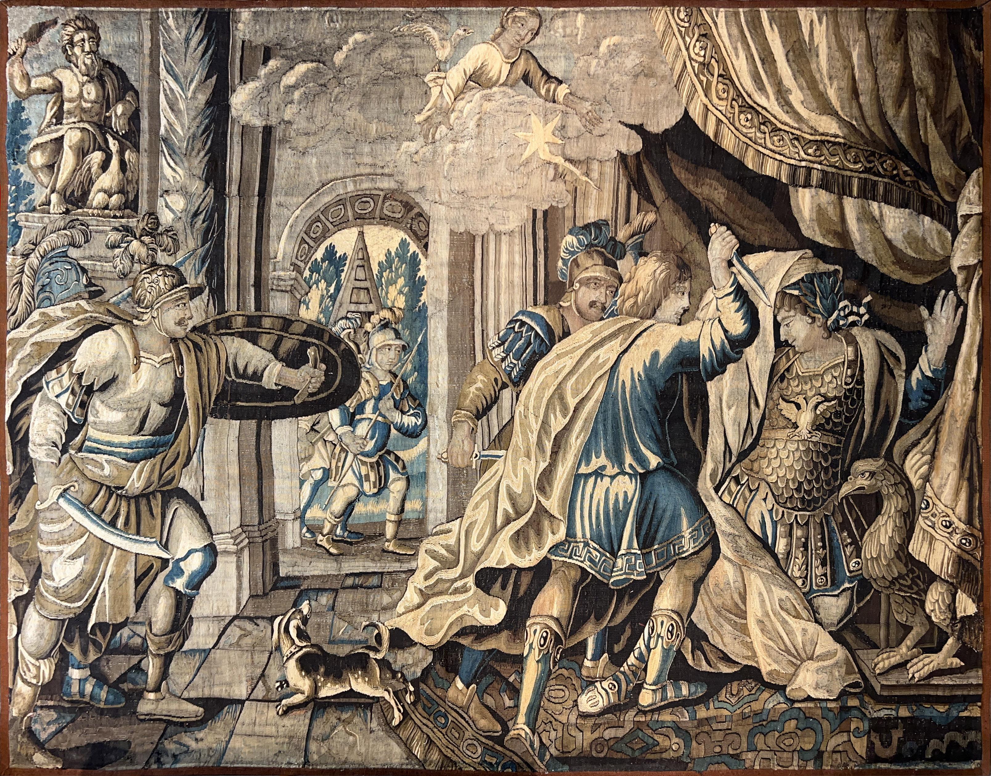 Magnifique tapisserie historique de la Manufacture d’Aubusson du 18ème siècle (vers 1730) représentant La Mort de Jules César en parfait état. Dimension: 2m80 L x 2m30 H L’assaut Debout derrière César, Casca intervient. C’est probablement lui qui a