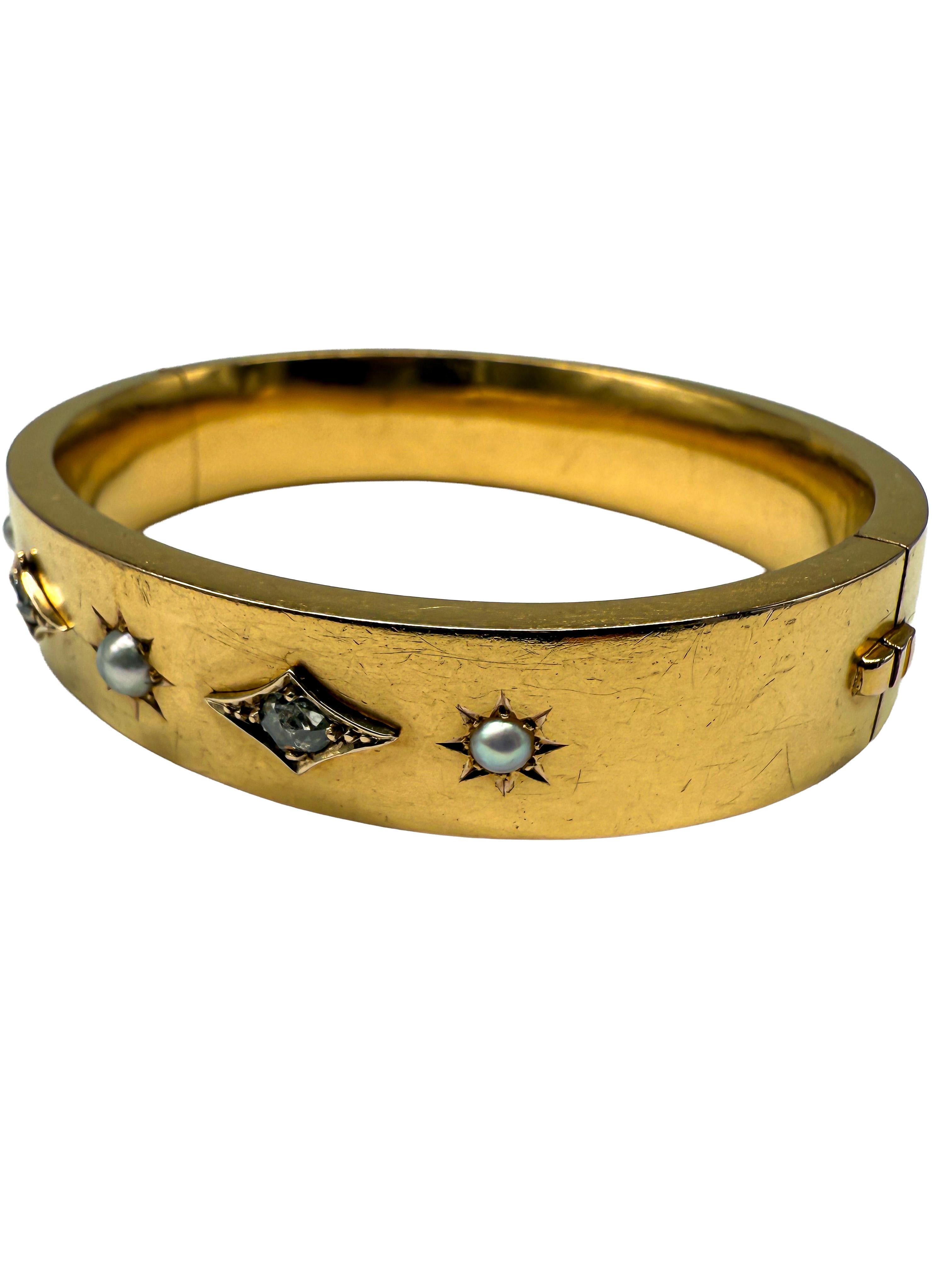 Renaissance Revival Historicism, 23K Yellow Gold Bangle with Diamonds and Pearls For Sale