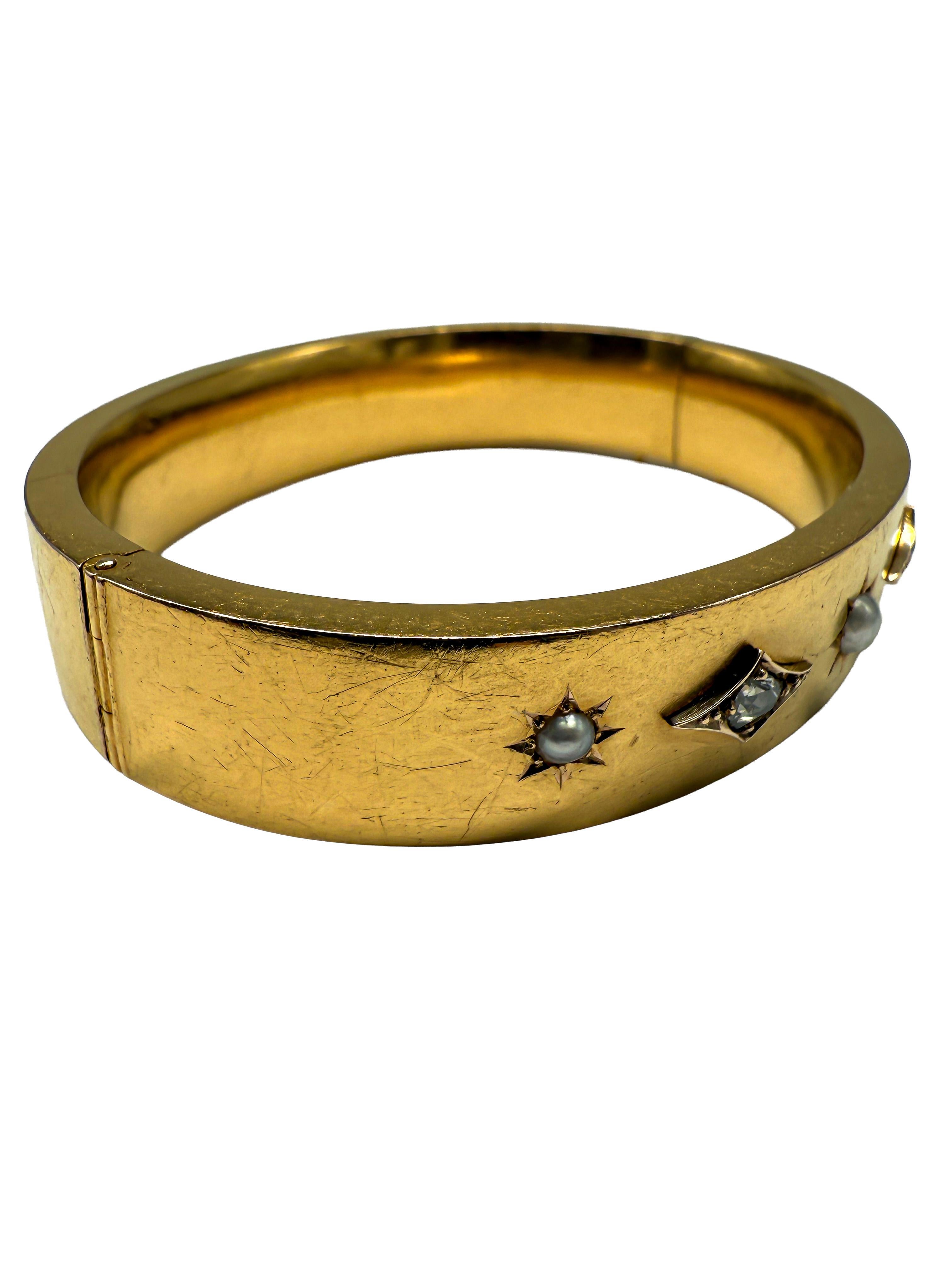 Round Cut Historicism, 23K Yellow Gold Bangle with Diamonds and Pearls For Sale