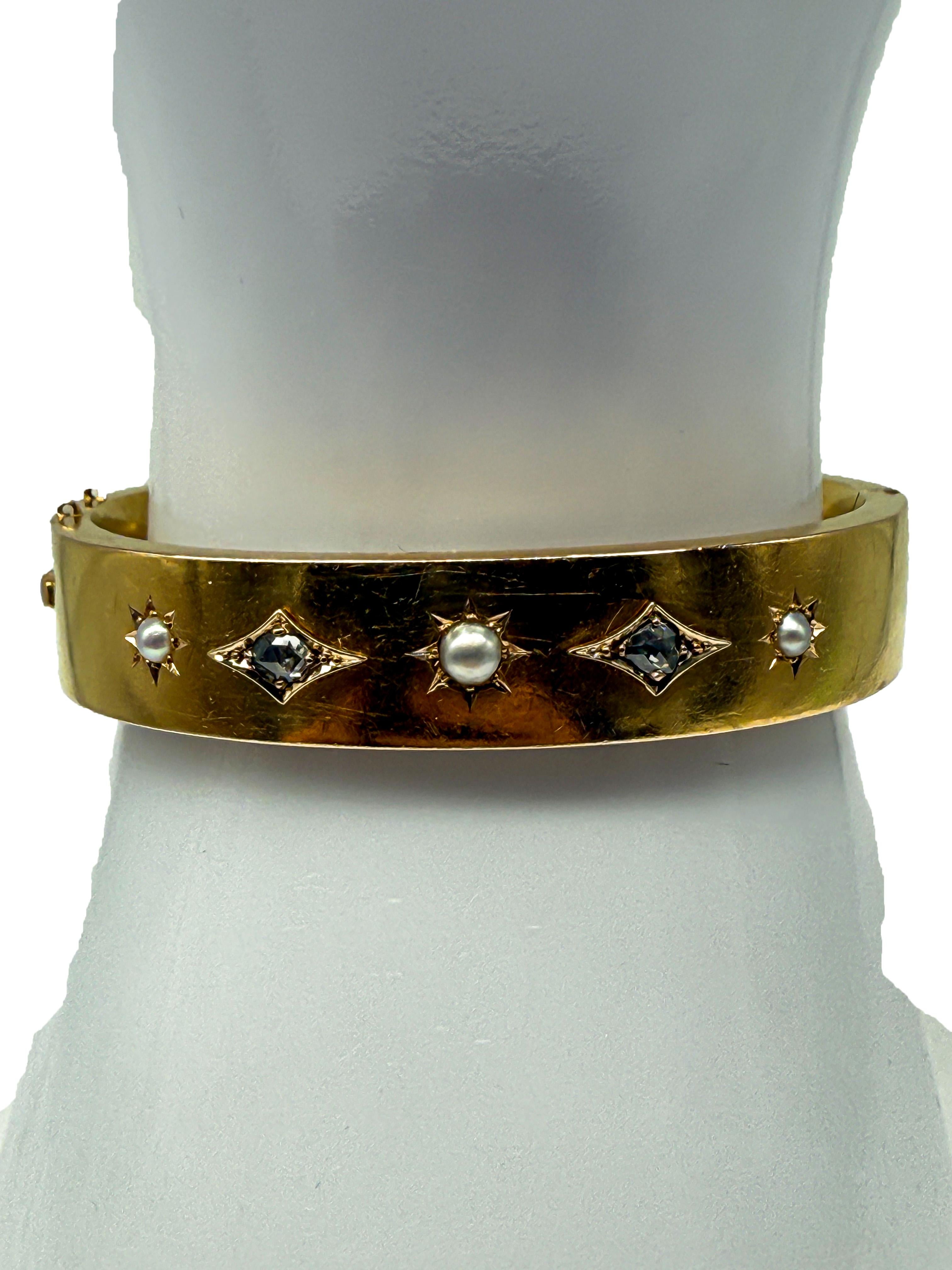 Women's Historicism, 23K Yellow Gold Bangle with Diamonds and Pearls For Sale