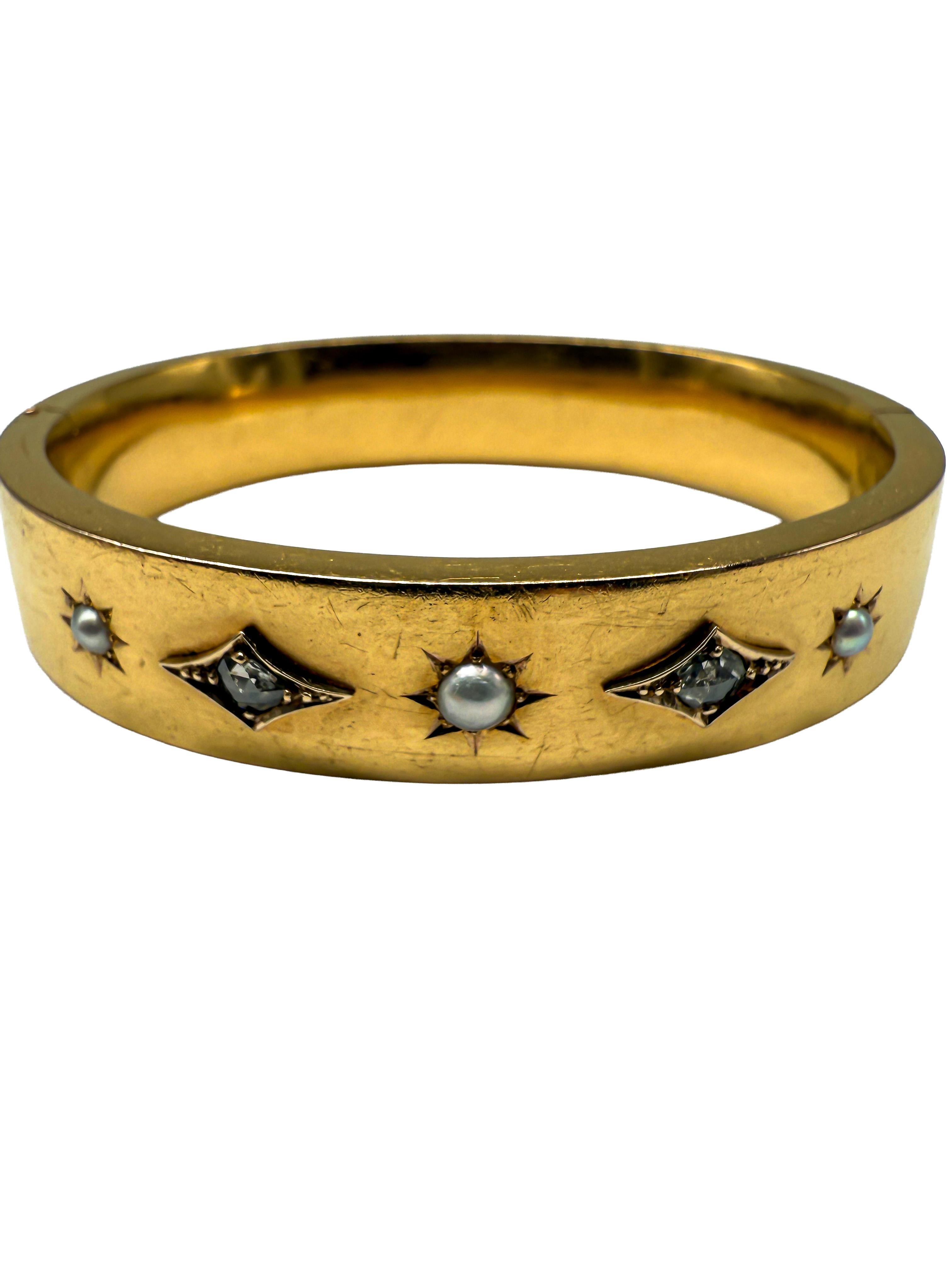 Historicism, 23K Yellow Gold Bangle with Diamonds and Pearls For Sale 1