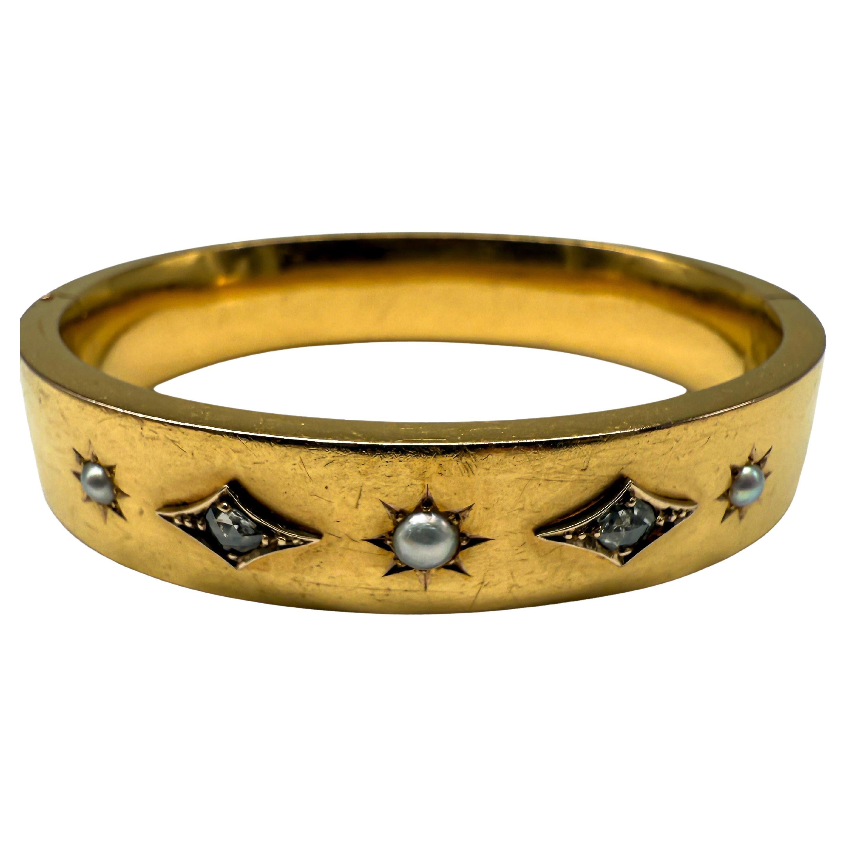 Historicism, 23K Yellow Gold Bangle with Diamonds and Pearls For Sale
