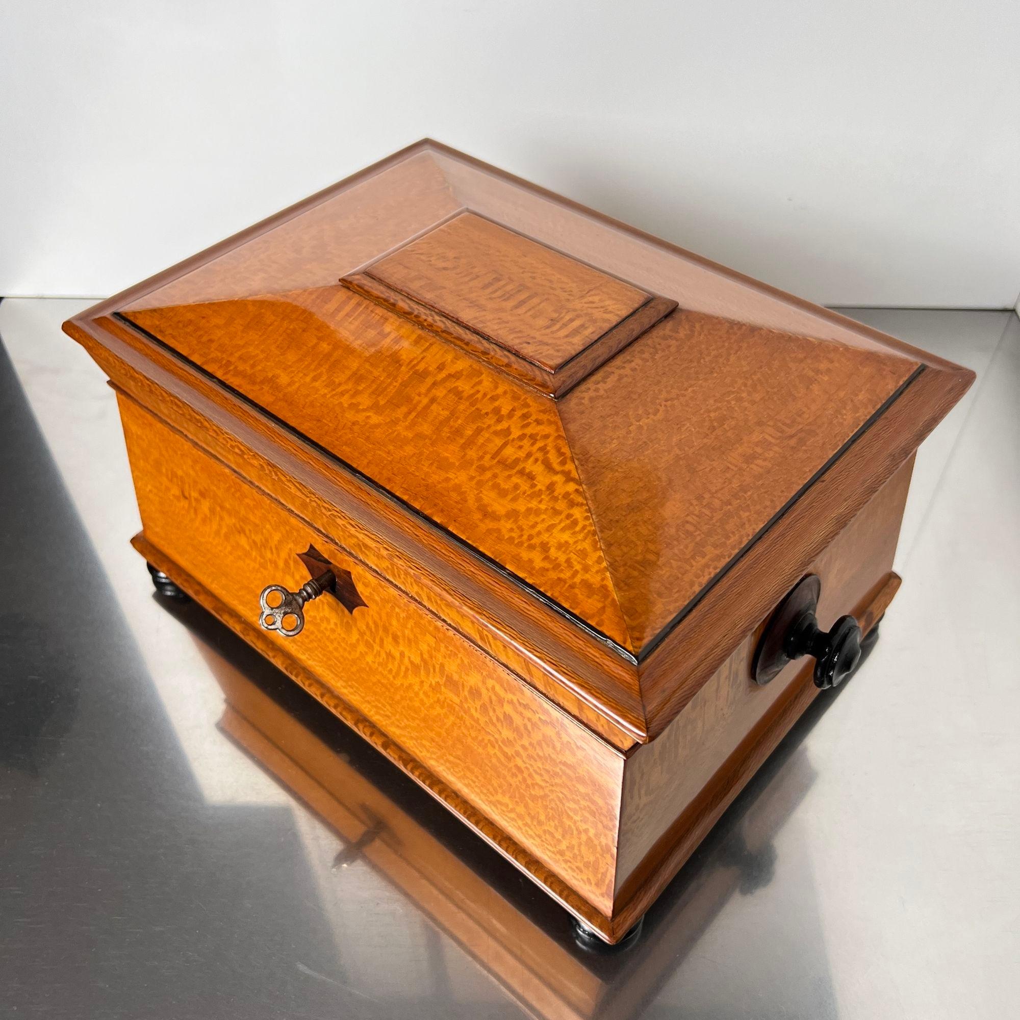 Hermosa caja o arqueta historicista restaurada, chapada en fresno floral de Austria, Viena Finales del siglo XIX, hacia 1880
Fresno flor chapado en madera blanda con incrustaciones de palisandro. Asas y patas ebonizadas. Bisagras de latón y