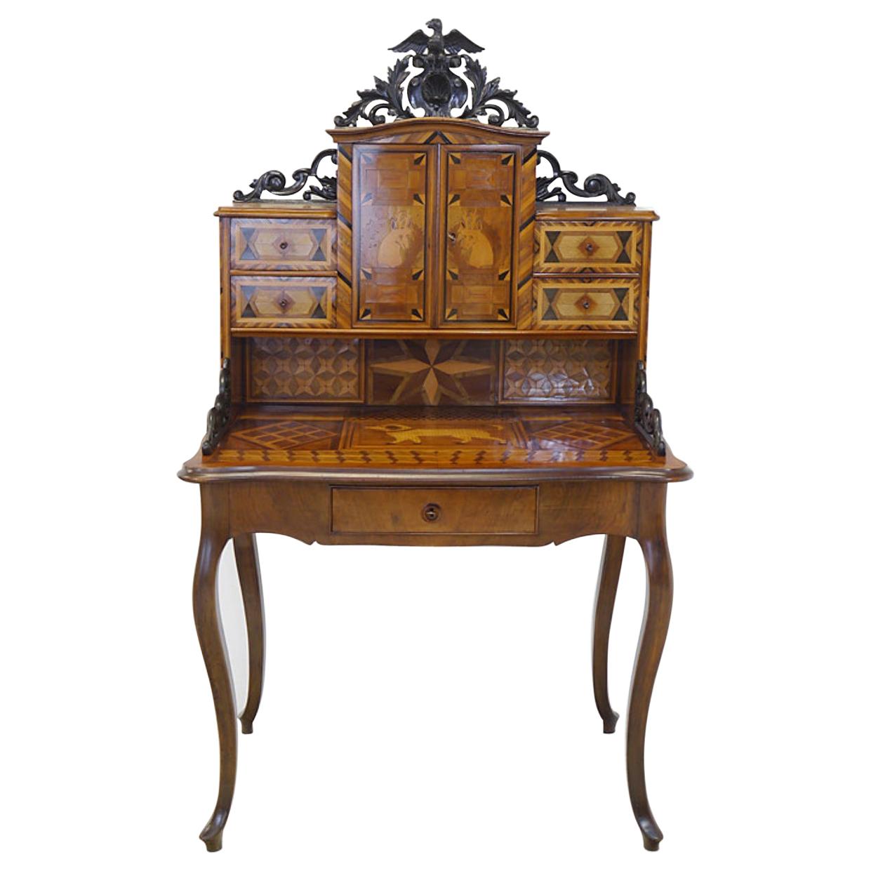 Historicism Desk circa 1880 Made of Walnut with Inlay Works For Sale
