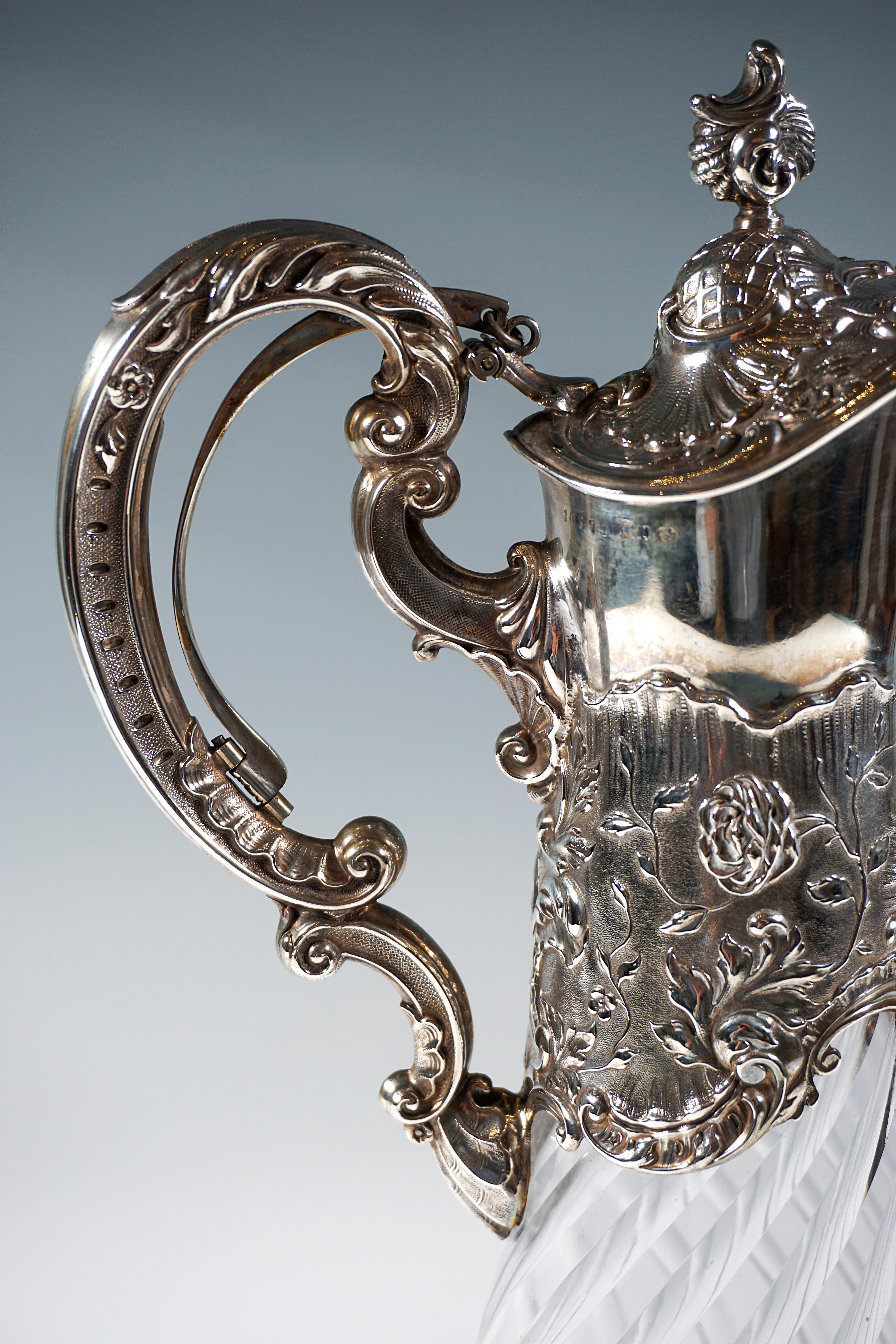 German Historicism Glass Carafe with Silver Mount & Pull Mechanism, Koch & Bergfeld
