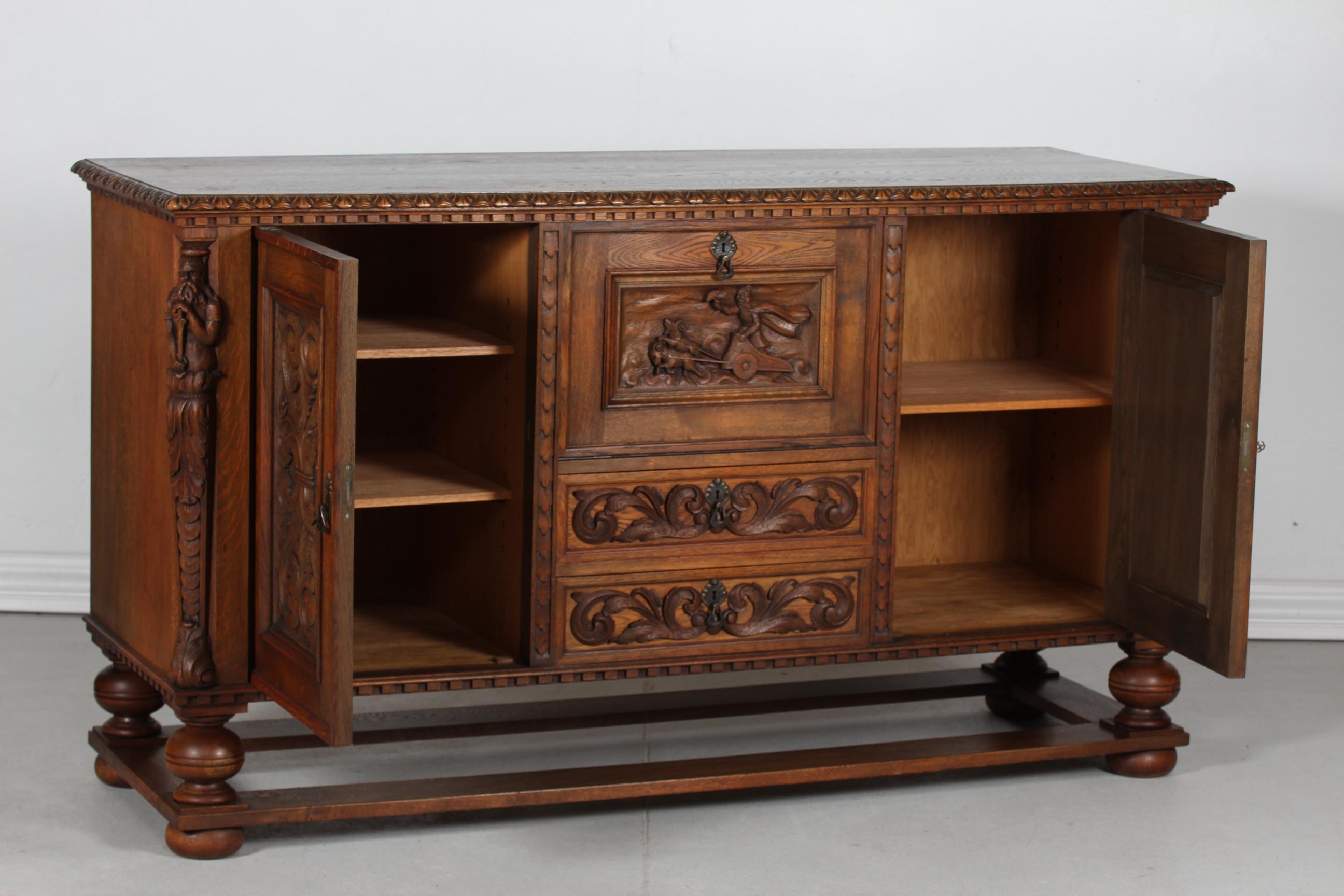 Historicism Sideboard Credenza Hand Carved Oak Danish Cabinetmaker, 1940s For Sale 3