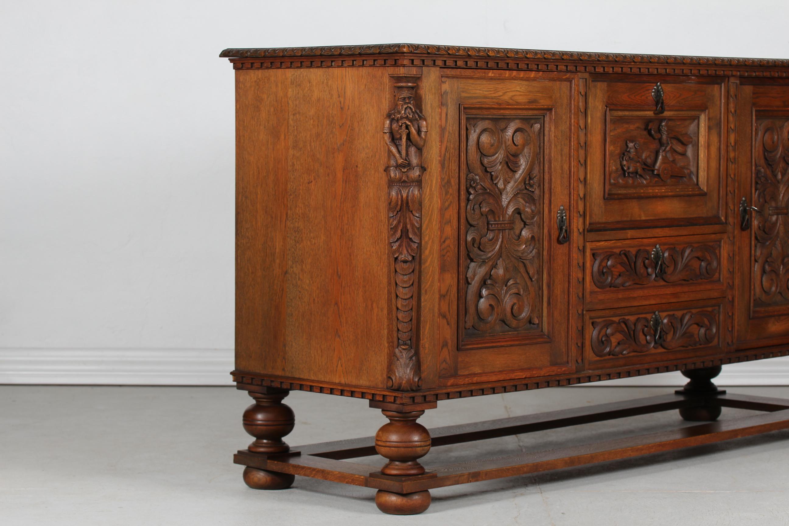 Historicism Sideboard Credenza Hand Carved Oak Danish Cabinetmaker, 1940s For Sale 6