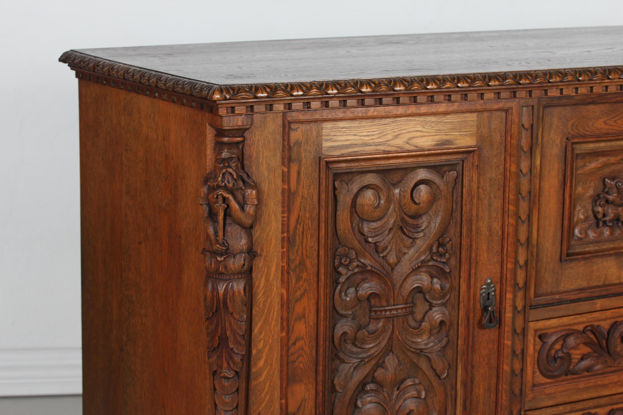 Brutalist Historicism Sideboard Credenza Hand Carved Oak Danish Cabinetmaker, 1940s For Sale