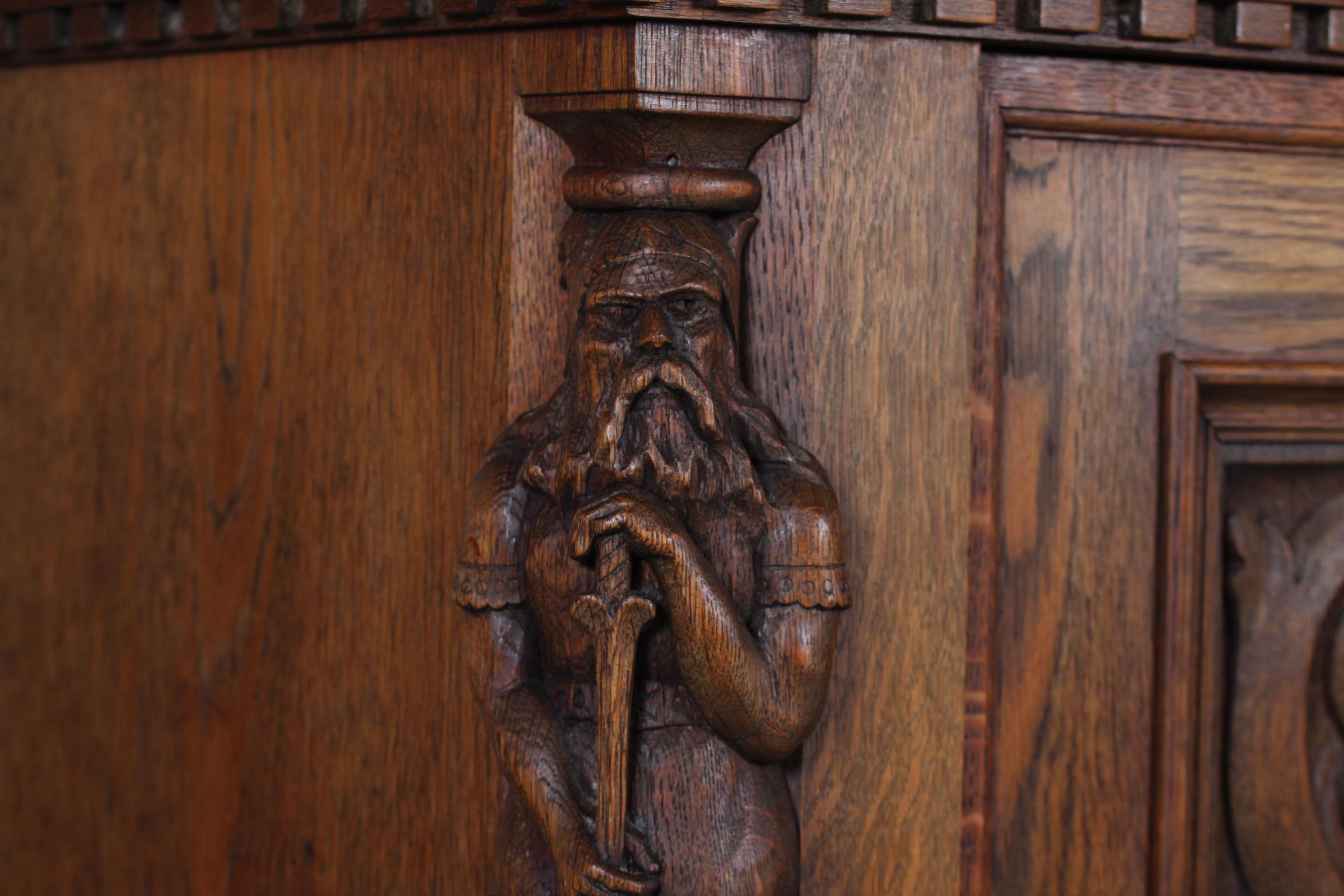 Historicism Sideboard Credenza Hand Carved Oak Danish Cabinetmaker, 1940s In Good Condition For Sale In Aarhus C, DK