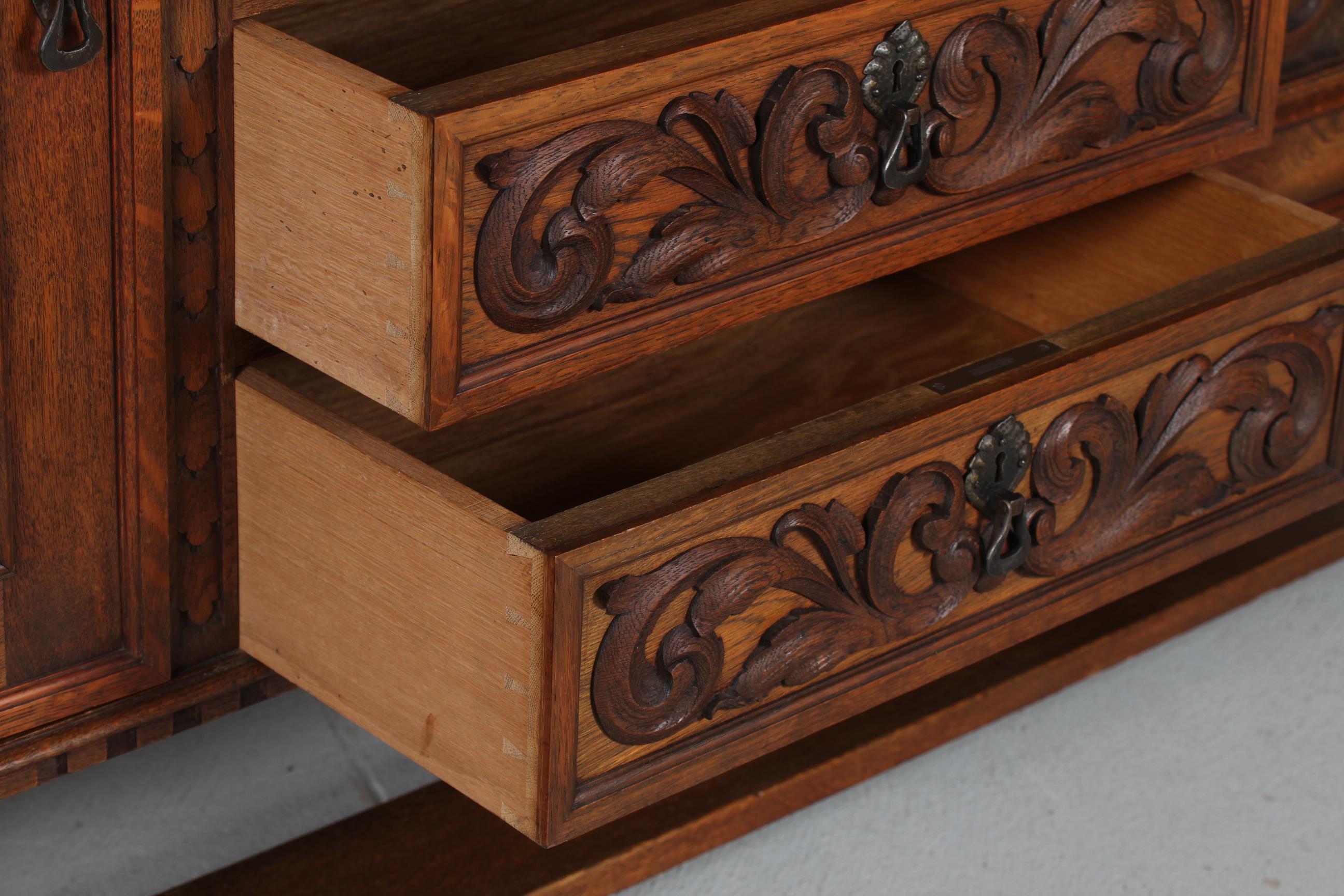 Metal Historicism Sideboard Credenza Hand Carved Oak Danish Cabinetmaker, 1940s For Sale