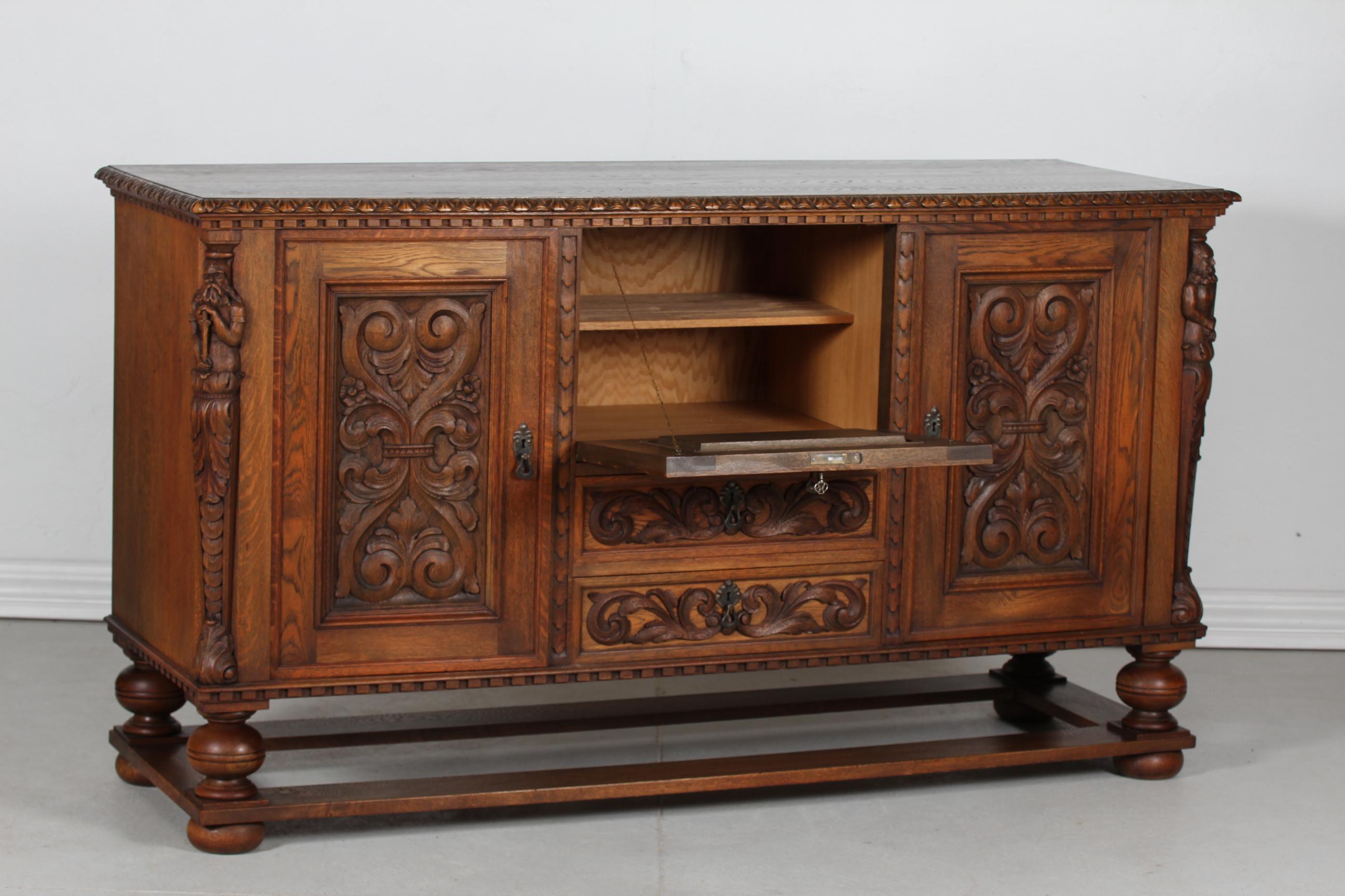 Historicism Sideboard Credenza Hand Carved Oak Danish Cabinetmaker, 1940s For Sale 2