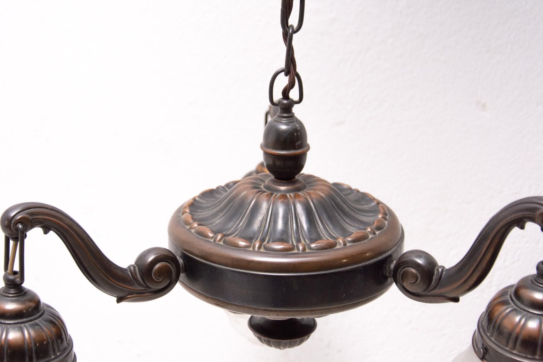 Historicizing Brass Three-Armed Chandelier, Turn of the 19th and 20th Century For Sale 5