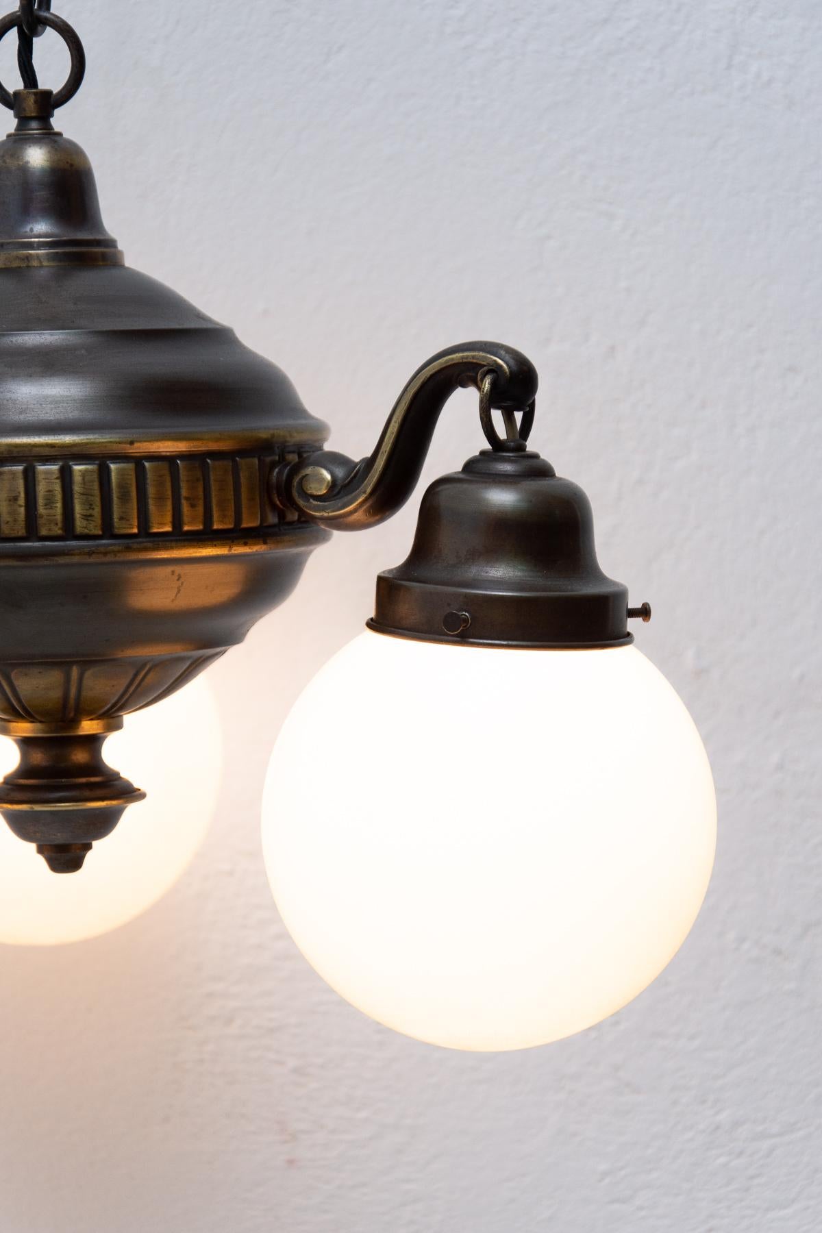 Empire Historicizing Brass Three-Armed Chandelier, Turn of the 19th and 20th Century