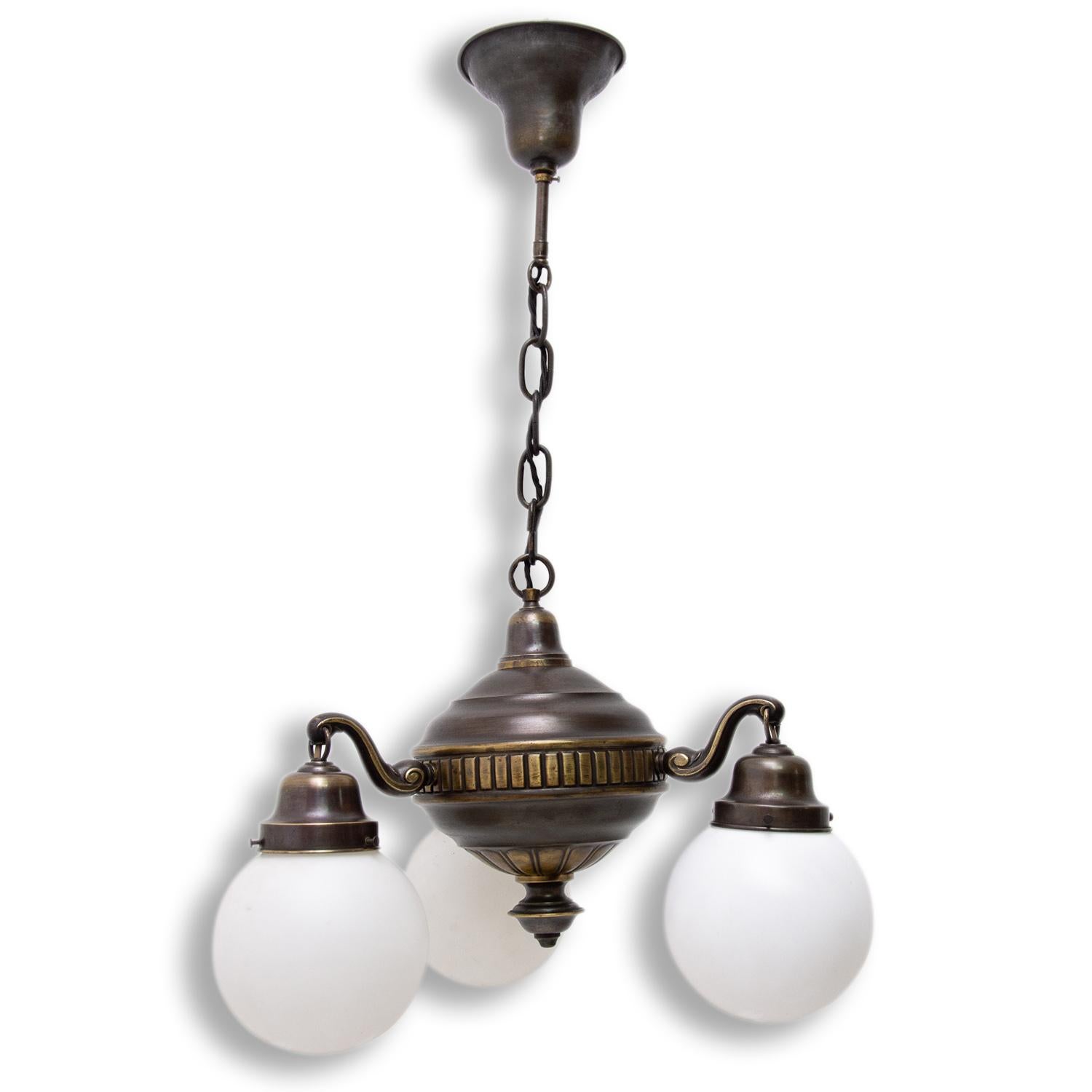 Austrian Historicizing Brass Three-Armed Chandelier, Turn of the 19th and 20th Century