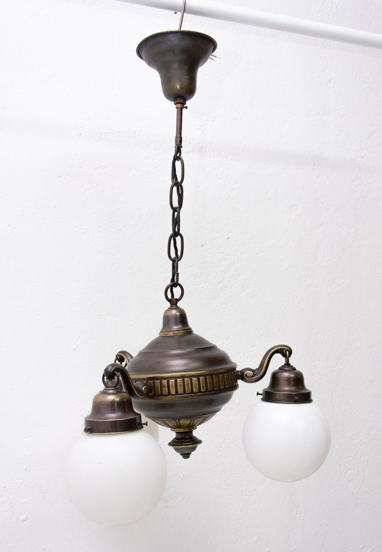 19th Century Historicizing Brass Three-Armed Chandelier, Turn of the 19th and 20th Century