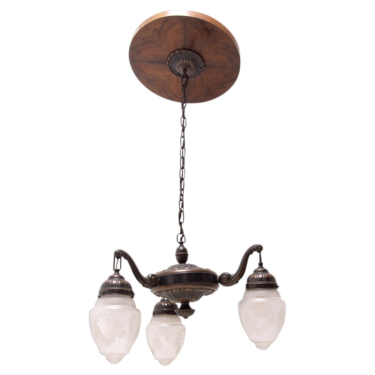 Historicizing Brass Three-Armed Chandelier, Turn of the 19th and 20th Century For Sale