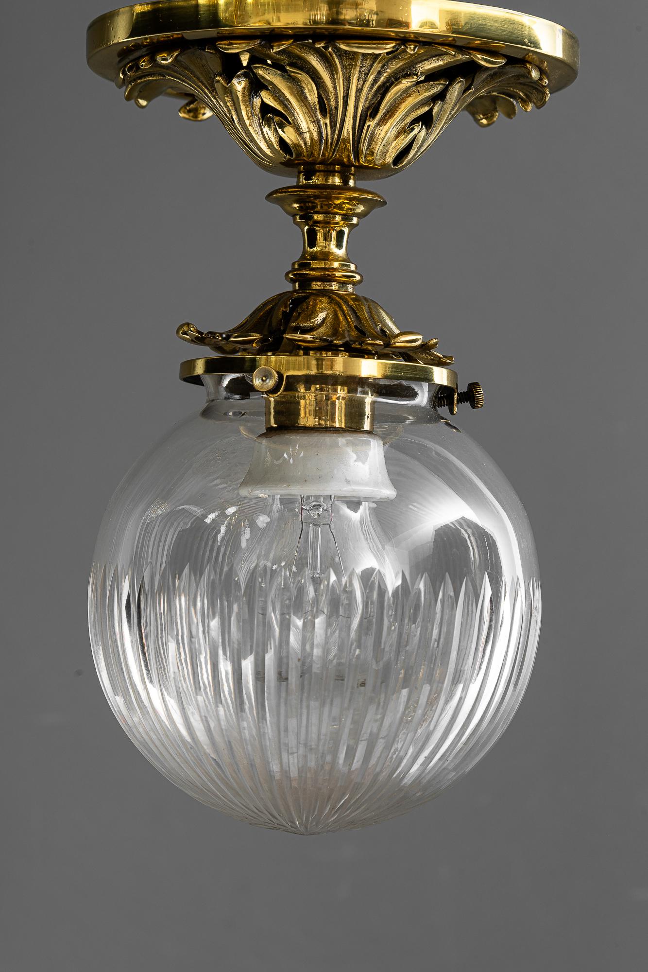 Neoclassical Historistic brass ceiling lamp with cut glass shade vienna around 1890s For Sale