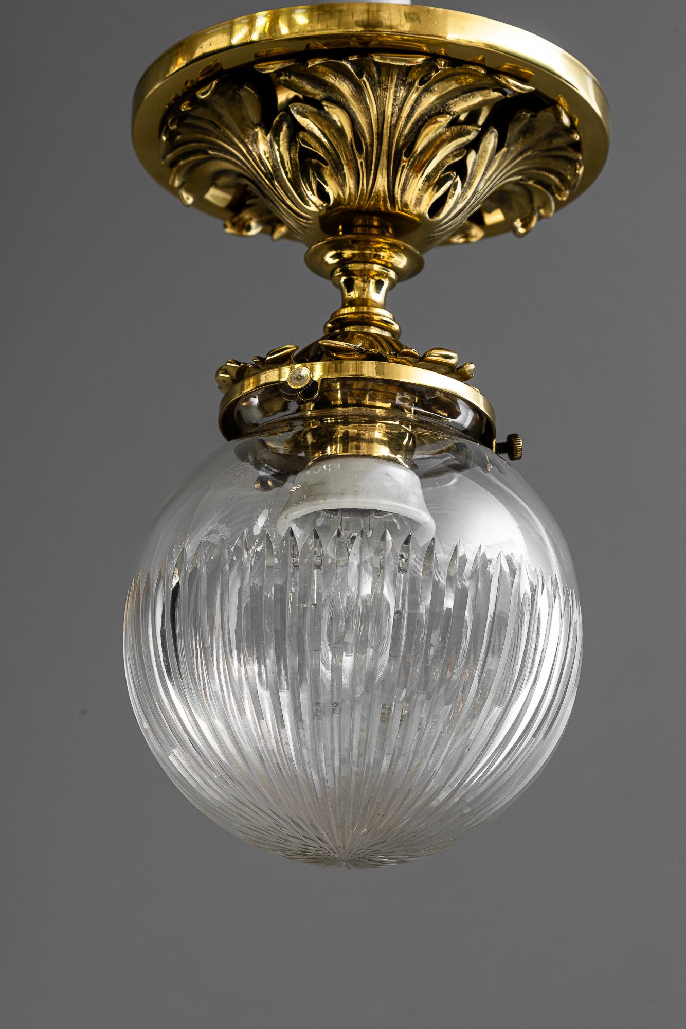 Austrian Historistic brass ceiling lamp with cut glass shade vienna around 1890s For Sale