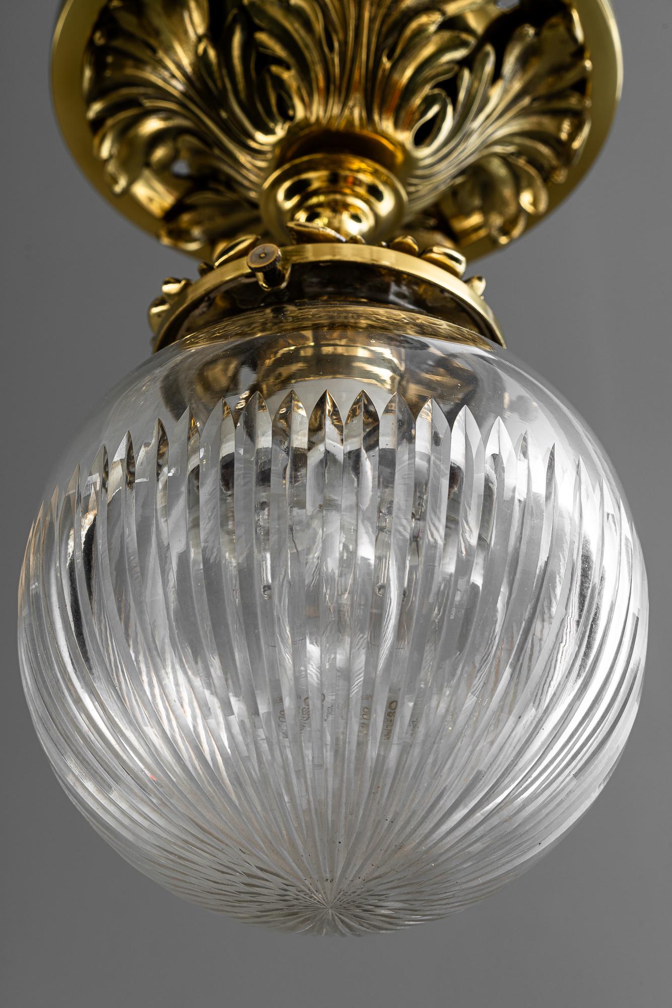 Historistic brass ceiling lamp with cut glass shade vienna around 1890s In Good Condition For Sale In Wien, AT