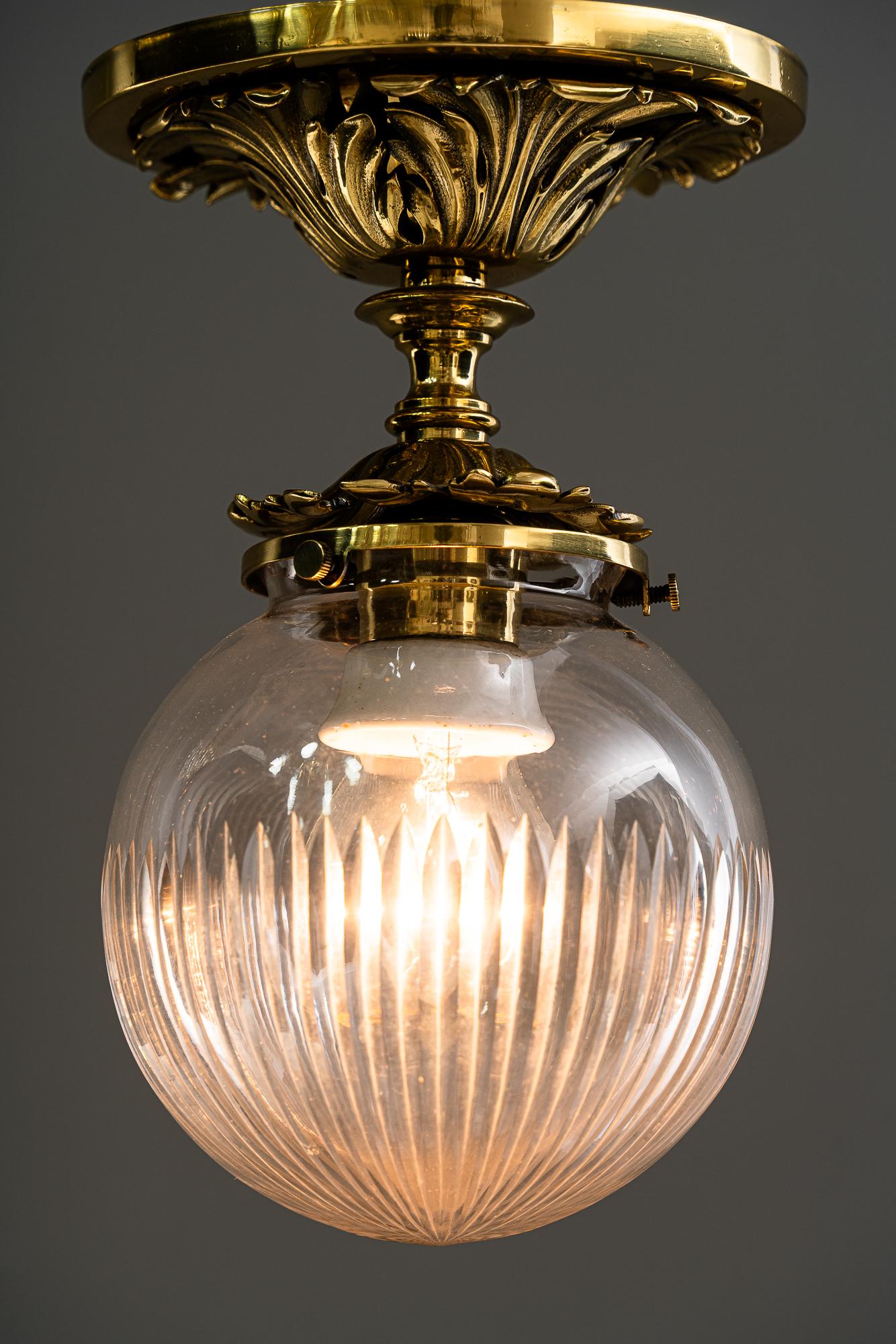 Brass Historistic brass ceiling lamp with cut glass shade vienna around 1890s For Sale