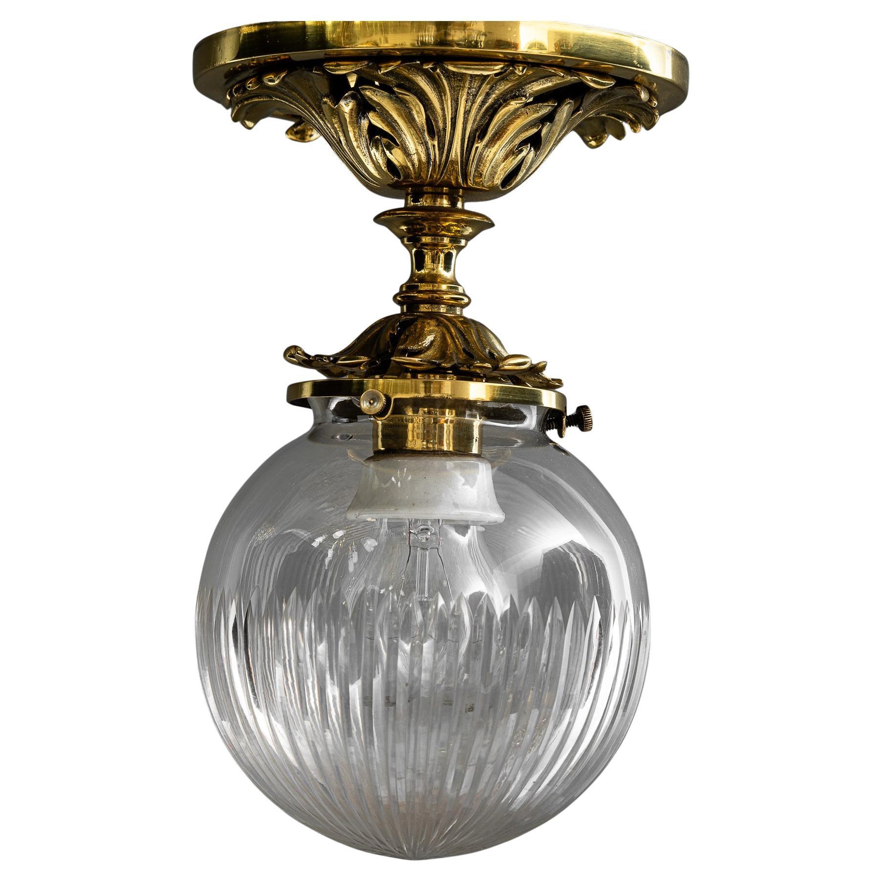 Historistic brass ceiling lamp with cut glass shade vienna around 1890s For Sale