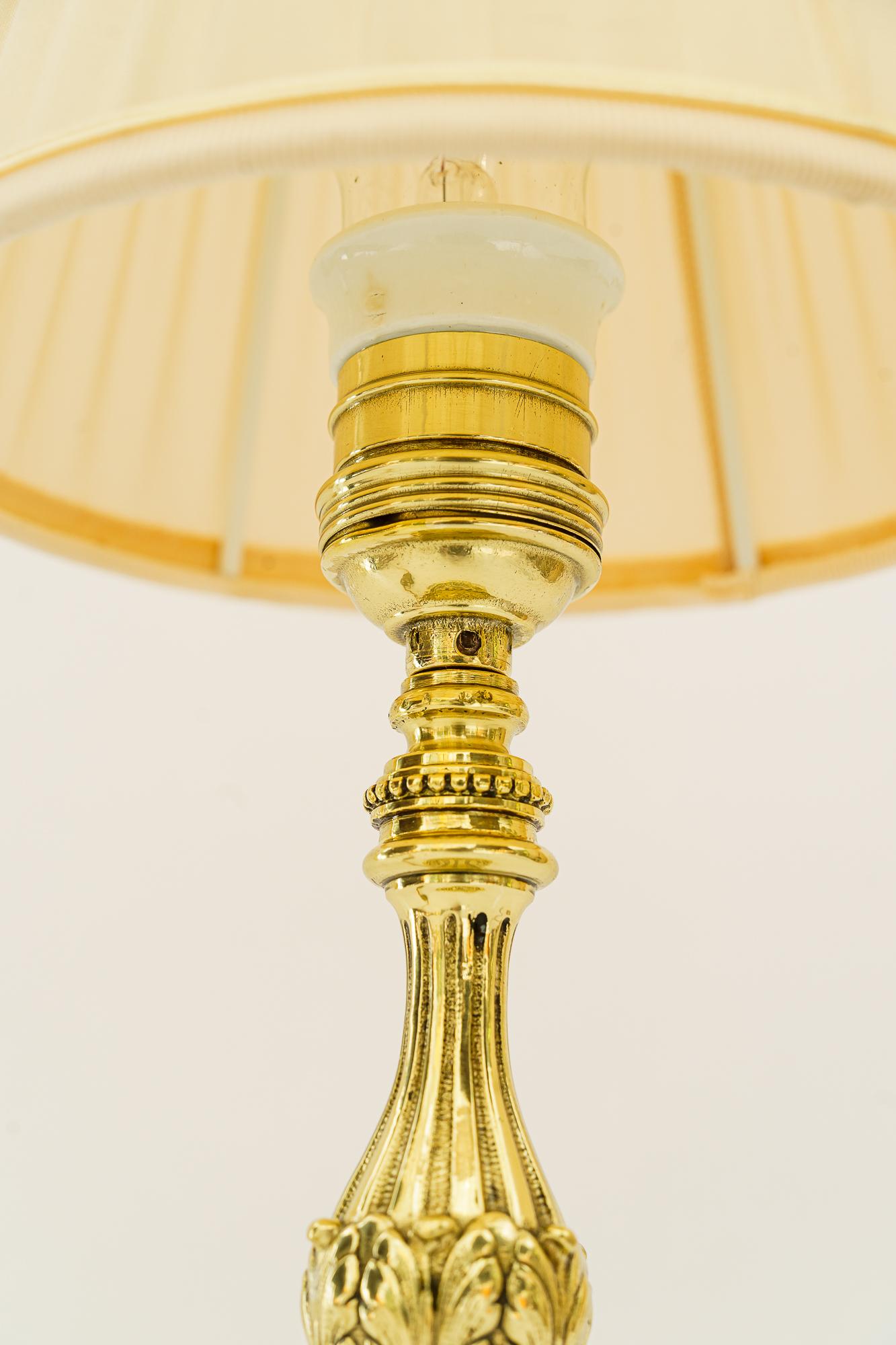 Austrian Historistic brass table lamp with fabric shade vienna around 1890s For Sale