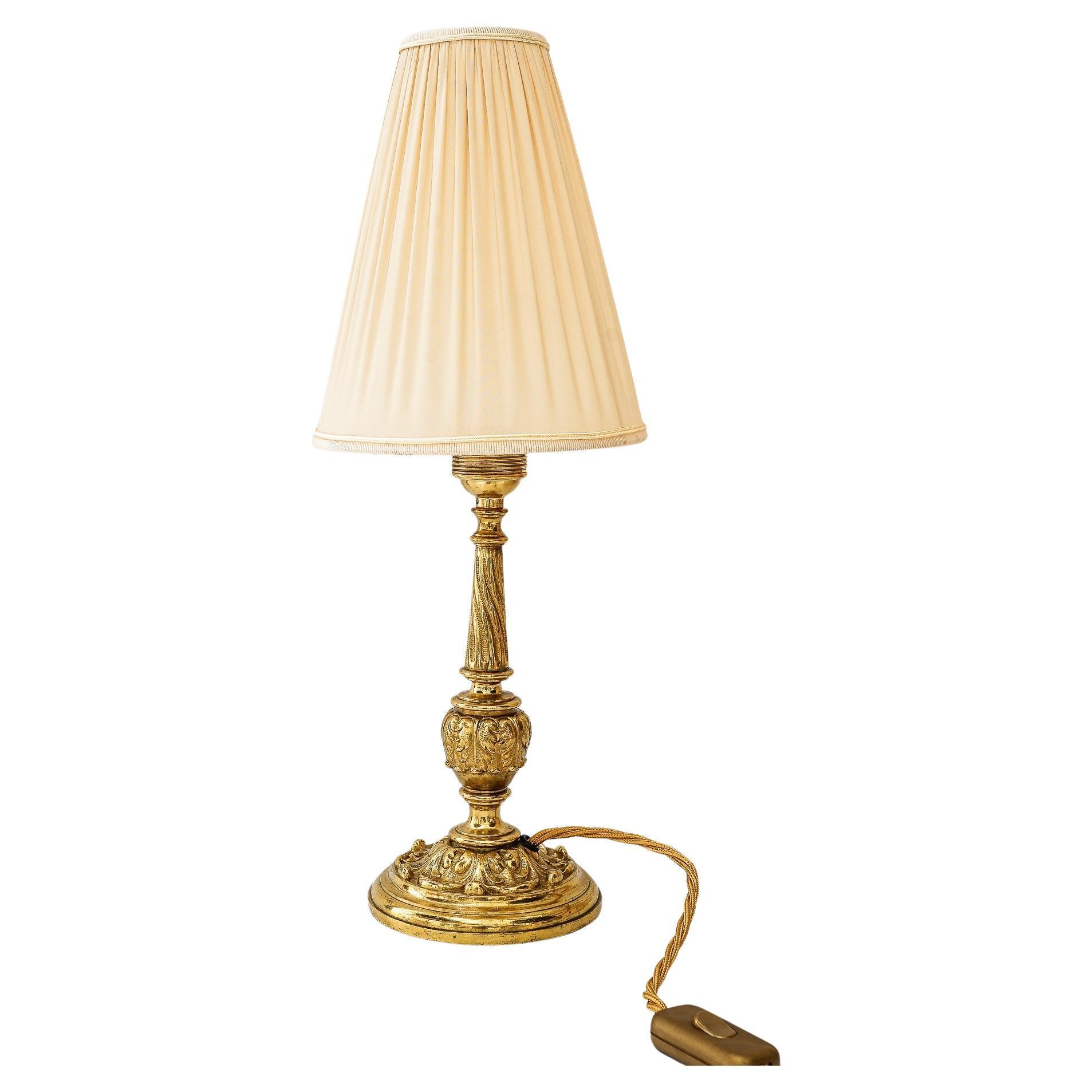 Historistic brass table lamp with fabric shade vienna around 1890s