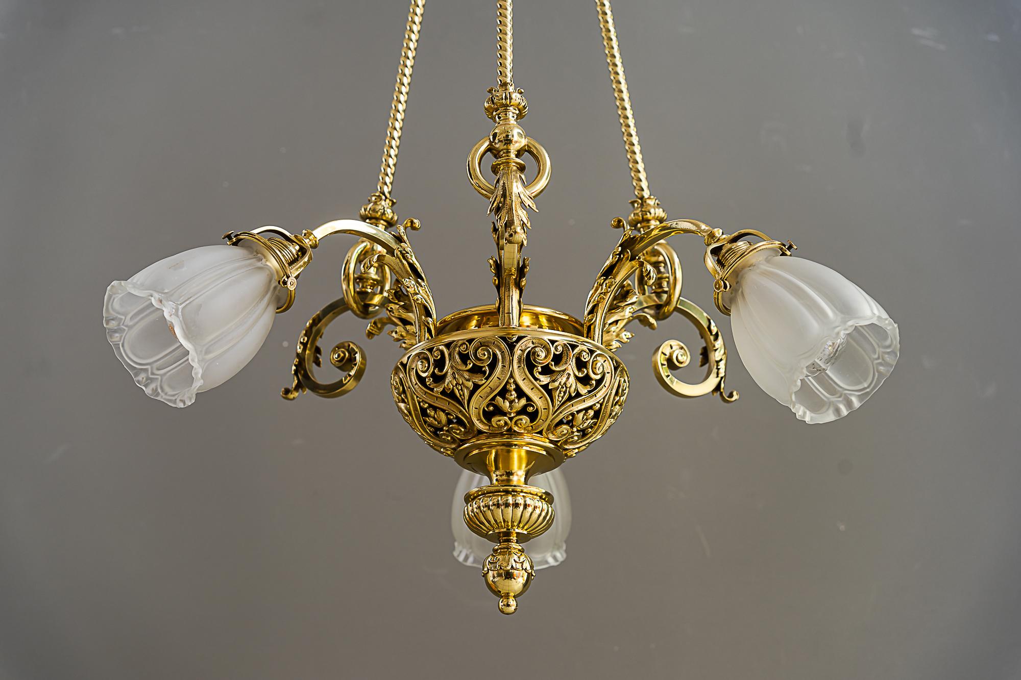 Brass Historic chandelier vienna around 1890s with original antique glass shades For Sale