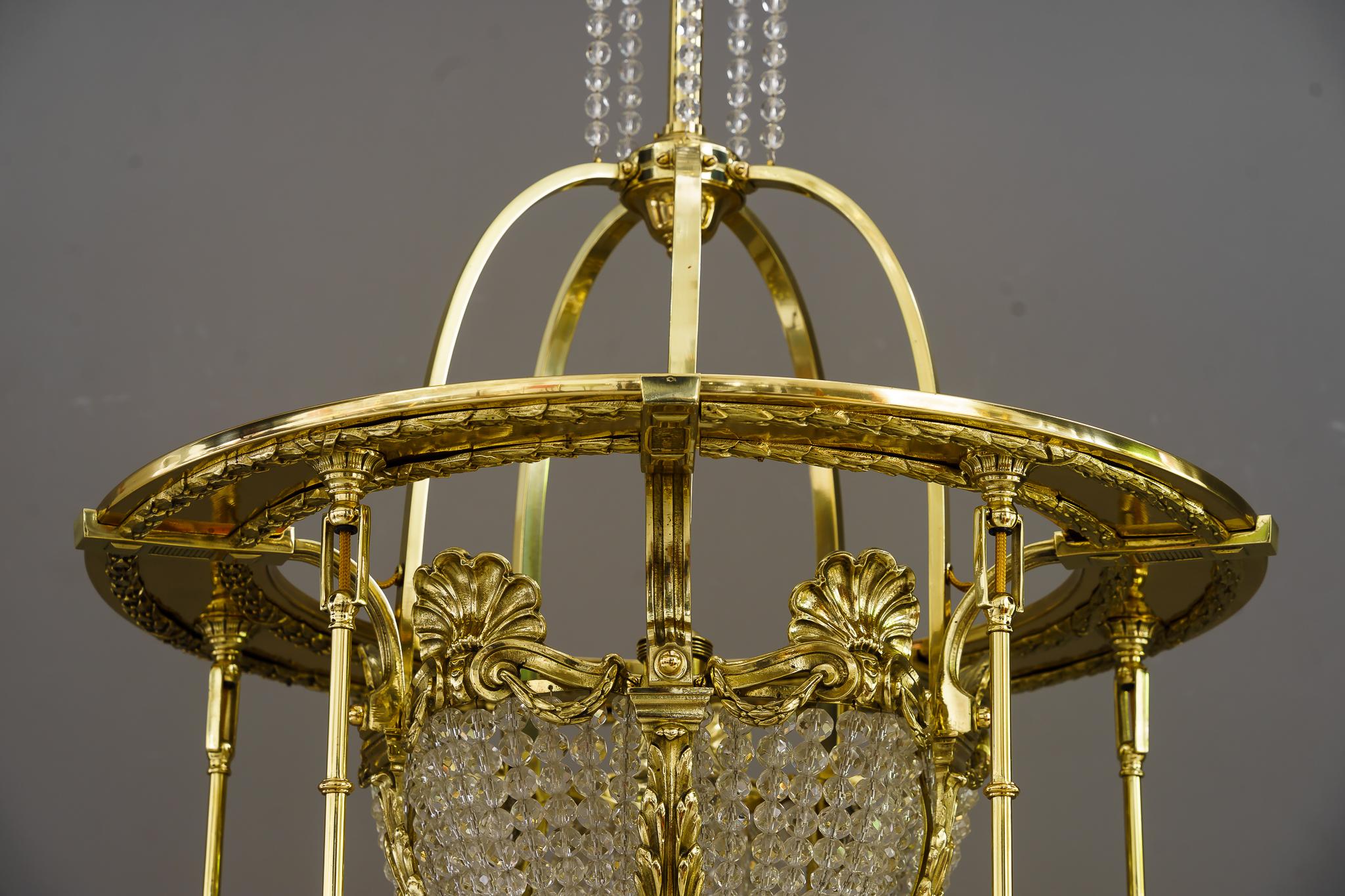 Brass Historistic Chandelier with Original Cut Glass Shades Vienna Around 1890s For Sale