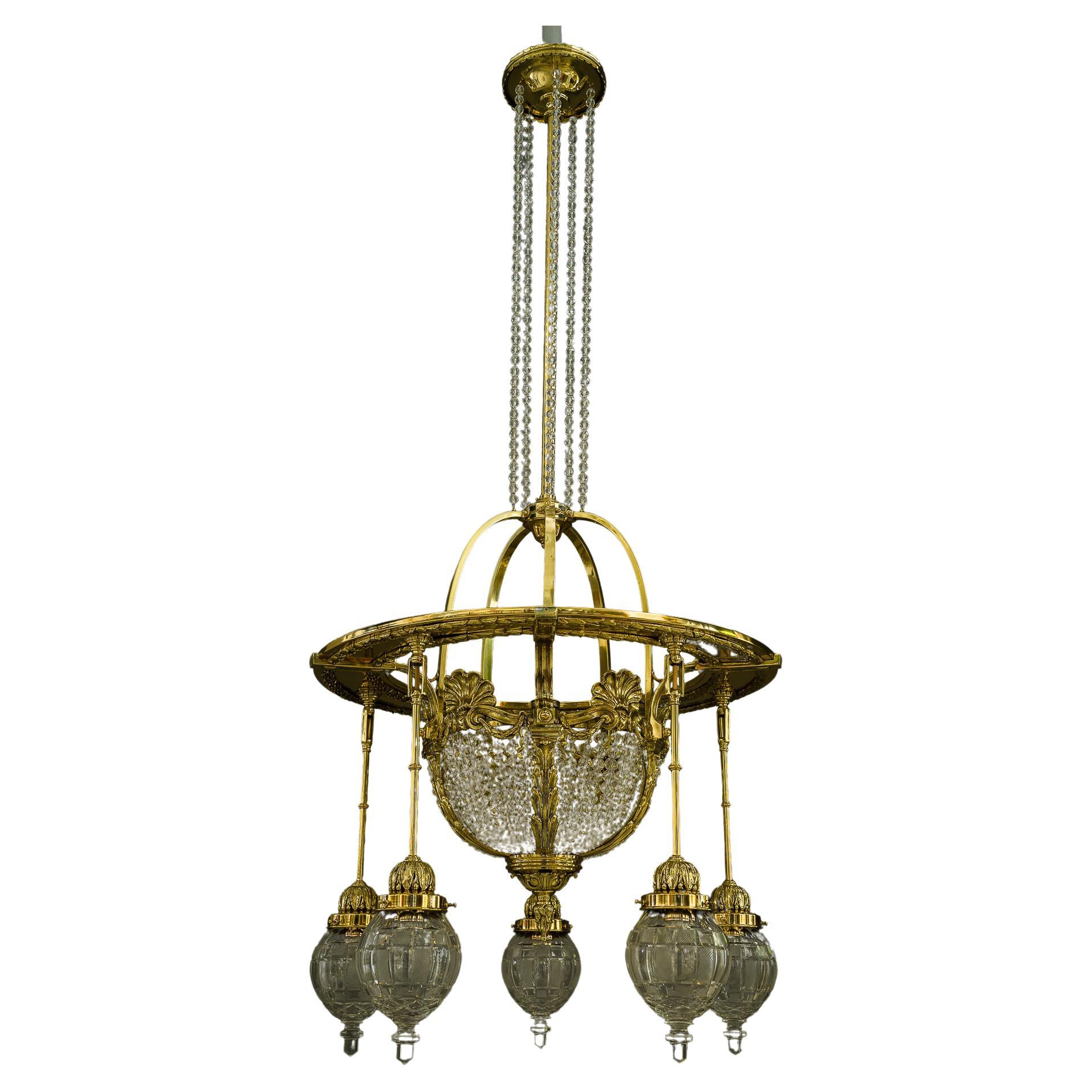 Historistic Chandelier with Original Cut Glass Shades Vienna Around 1890s For Sale