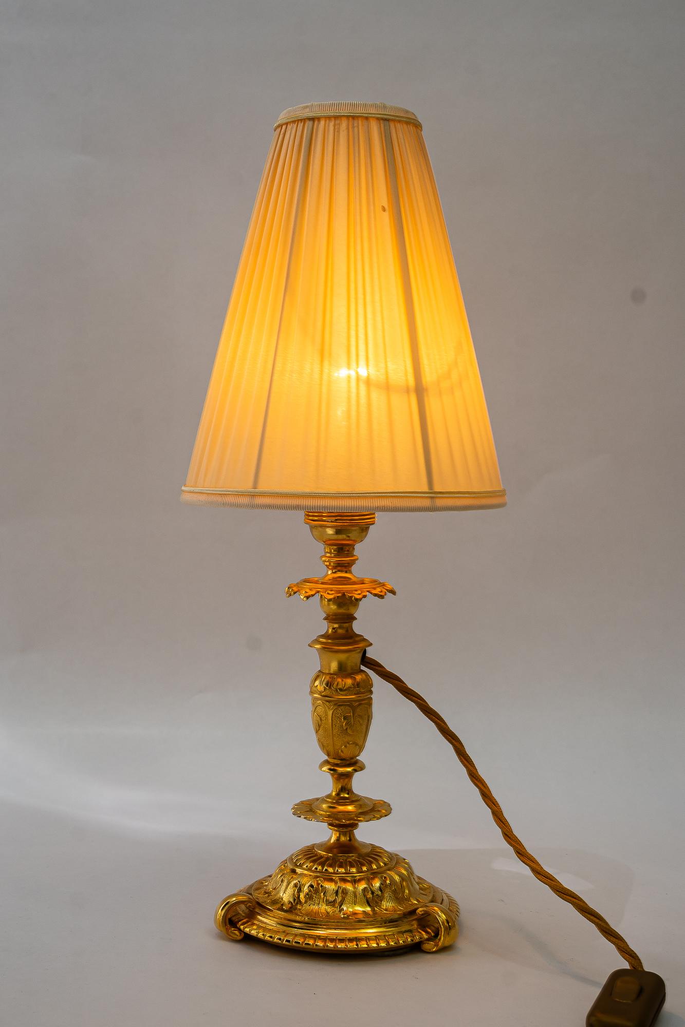 Historistic fire gilted table lamp with fabric shade vienna around 1890s For Sale 4