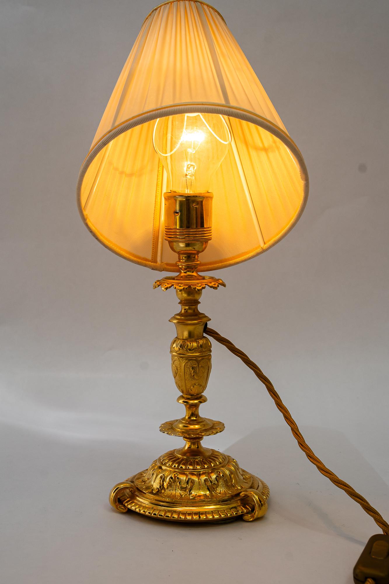 Historistic fire gilted table lamp with fabric shade vienna around 1890s For Sale 6