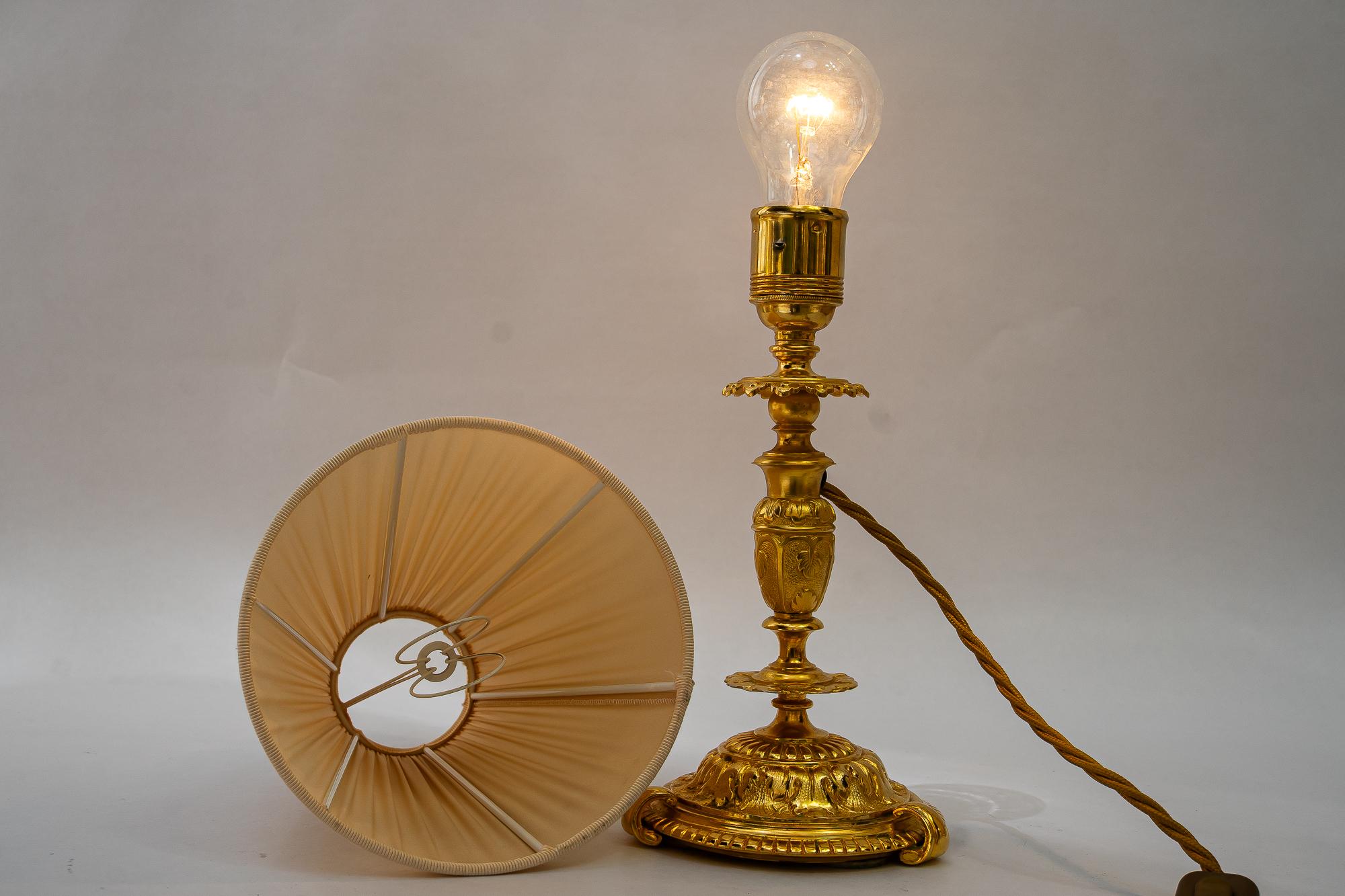 Historistic fire gilted table lamp with fabric shade vienna around 1890s For Sale 10