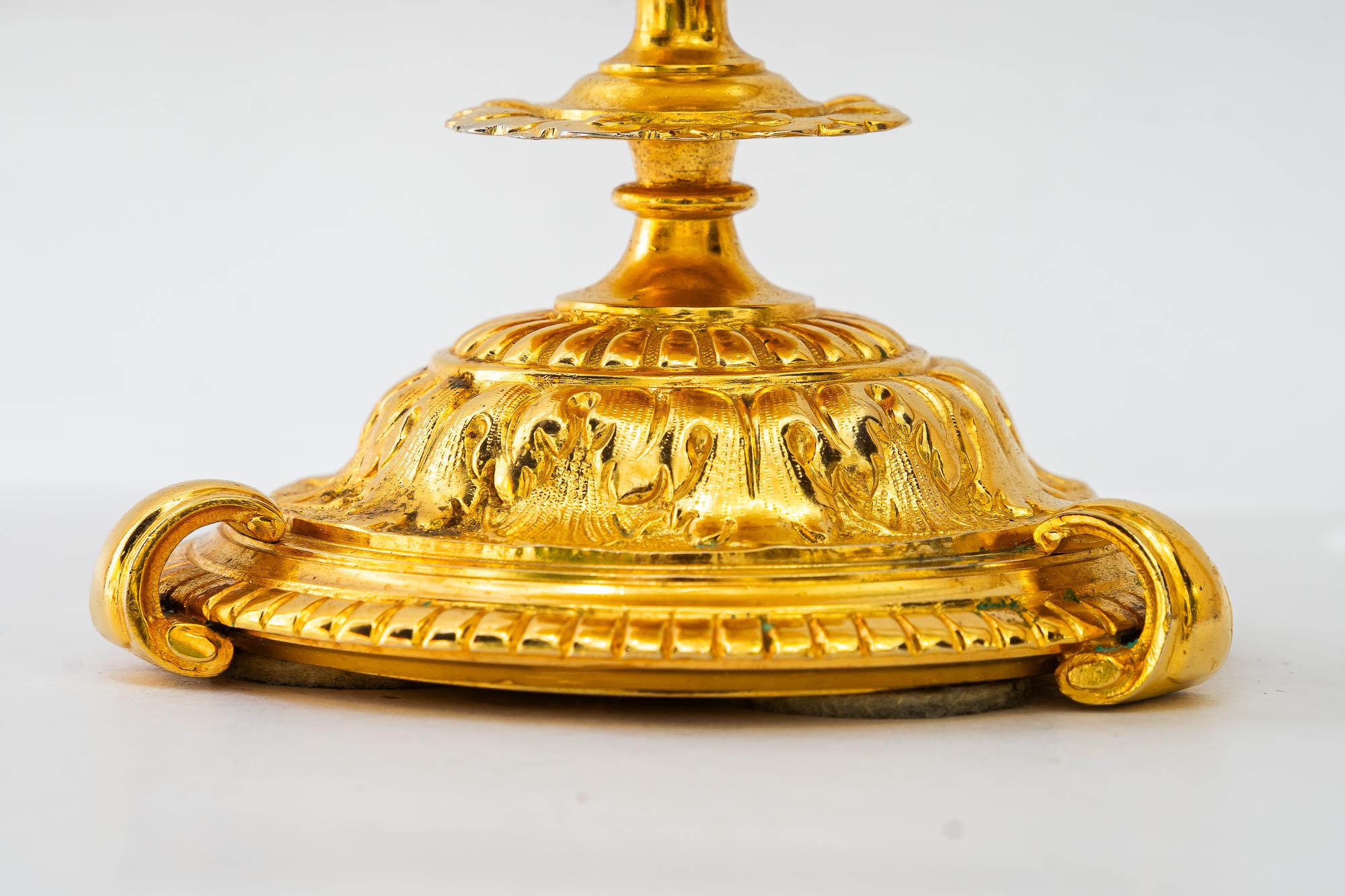 Neoclassical Historistic fire gilted table lamp with fabric shade vienna around 1890s For Sale